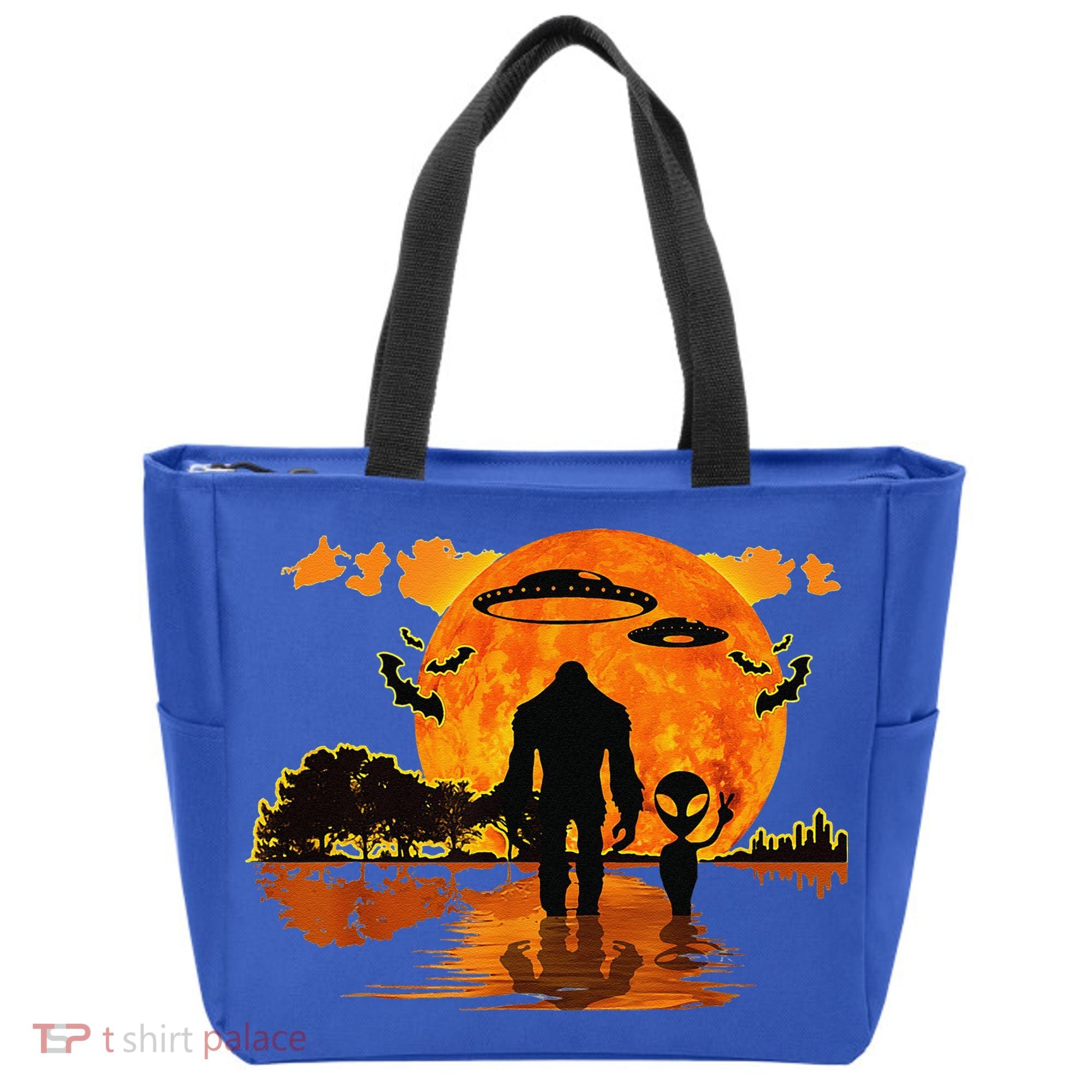 Alien And Bigfoot Sasquatch Moon Halloween Tote Bag