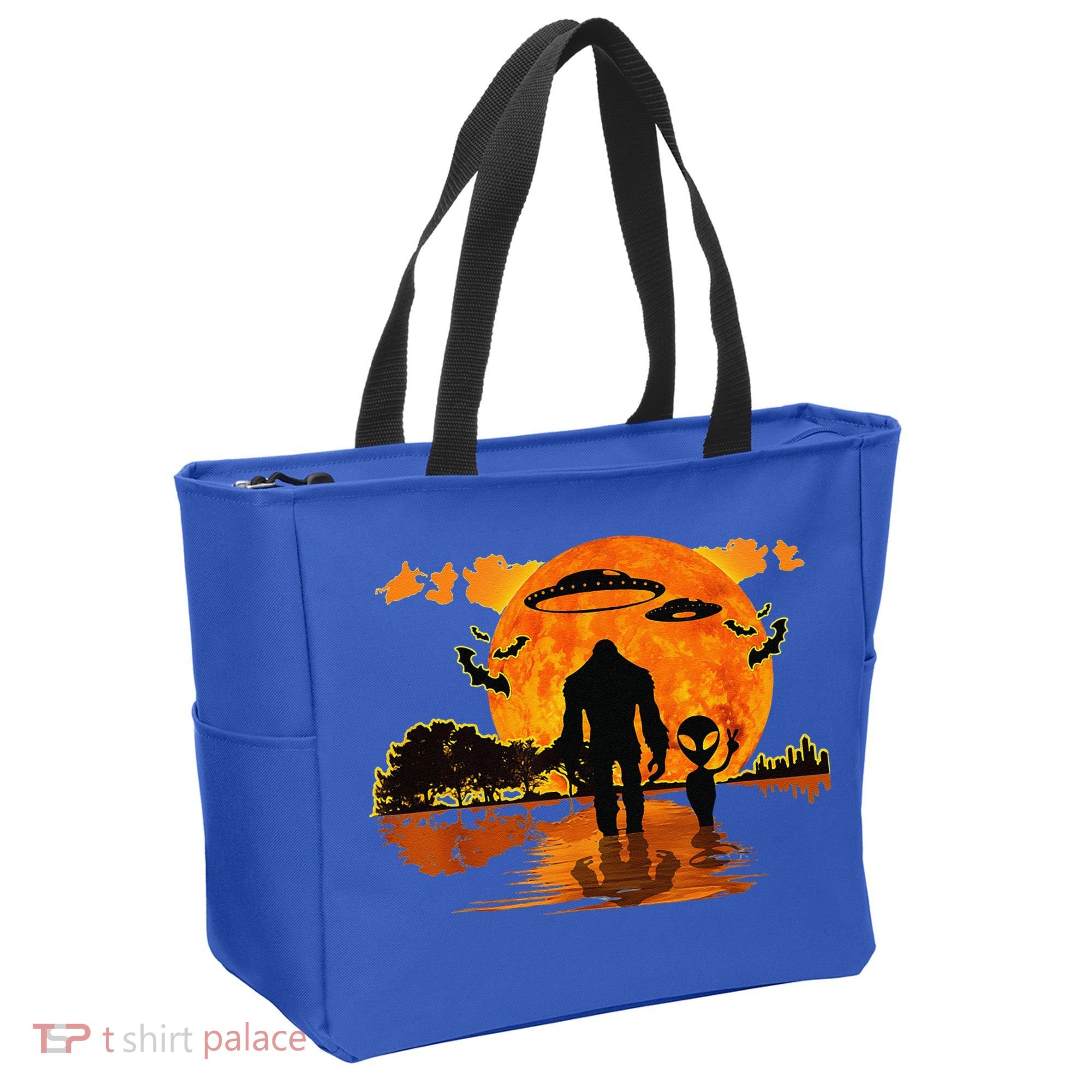 Alien And Bigfoot Sasquatch Moon Halloween Tote Bag