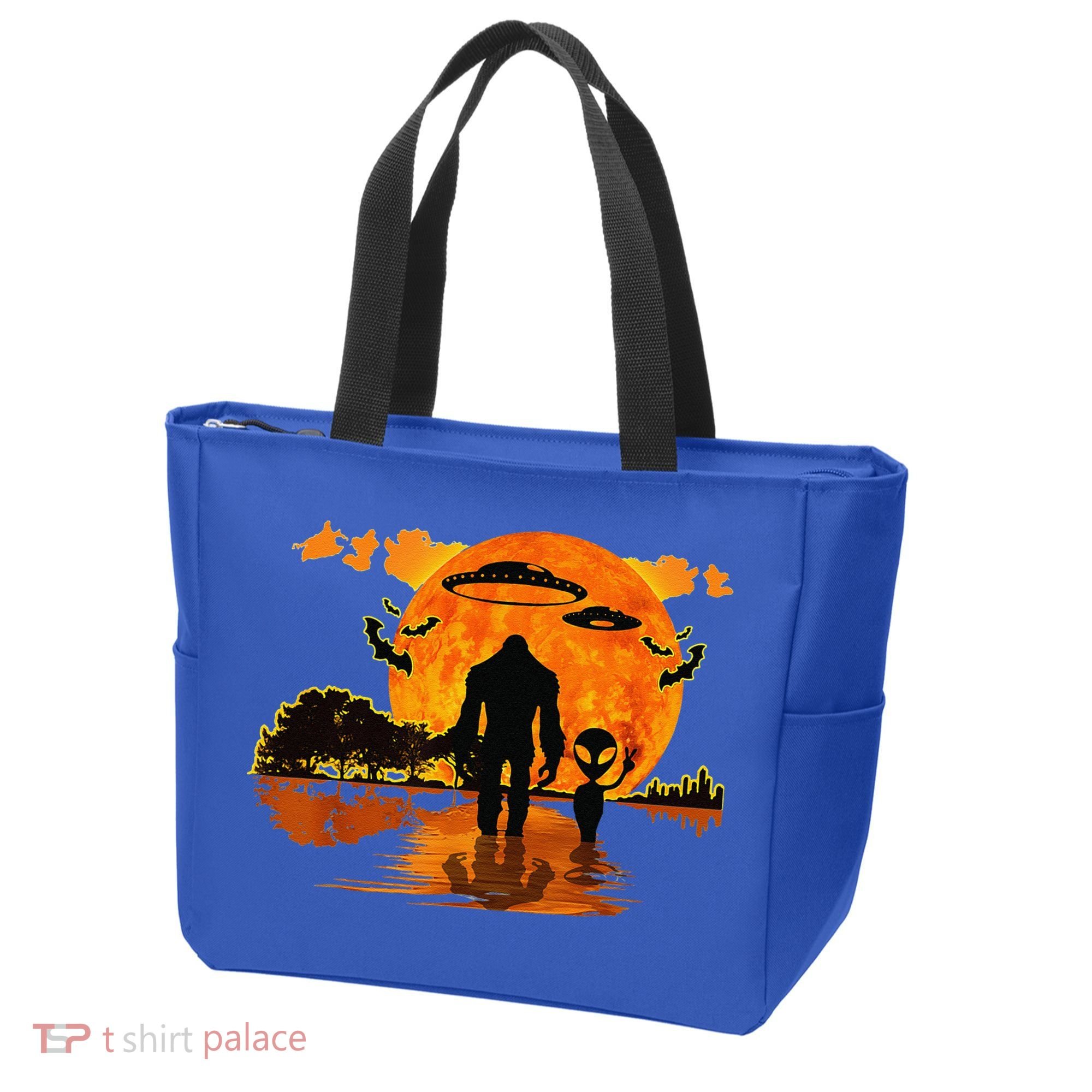 Alien And Bigfoot Sasquatch Moon Halloween Tote Bag