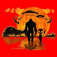 Alien And Bigfoot Sasquatch Moon Halloween Santa Hat thumb 1