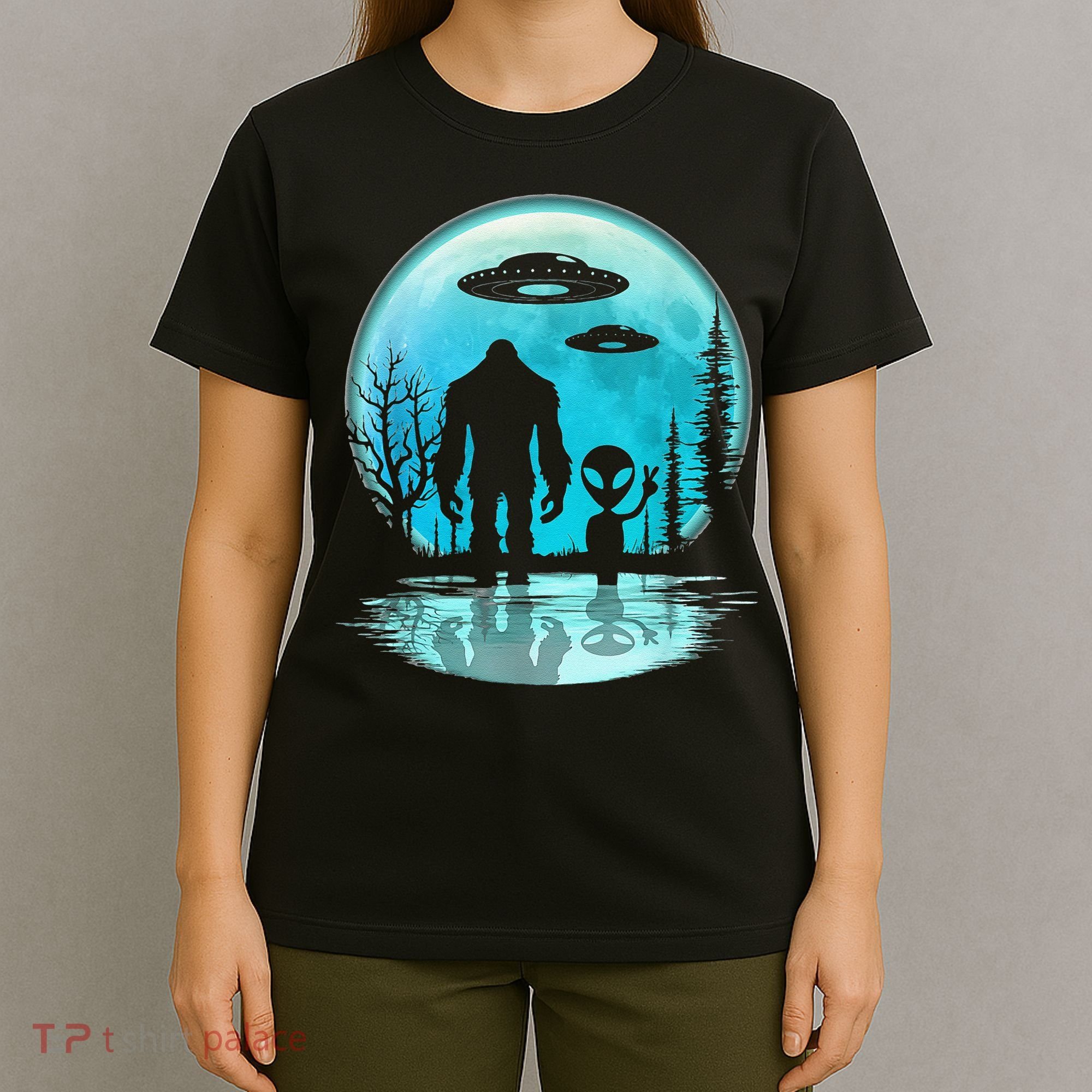 Alien And Bigfoot Moon T-Shirt