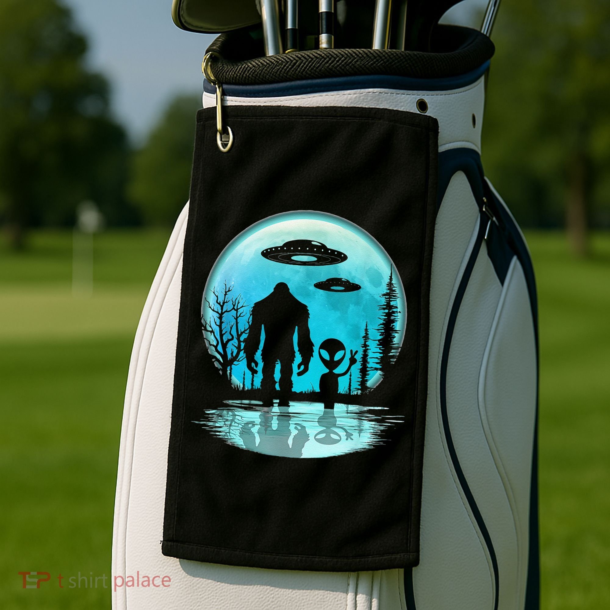 Alien And Bigfoot Moon Golf Towel
