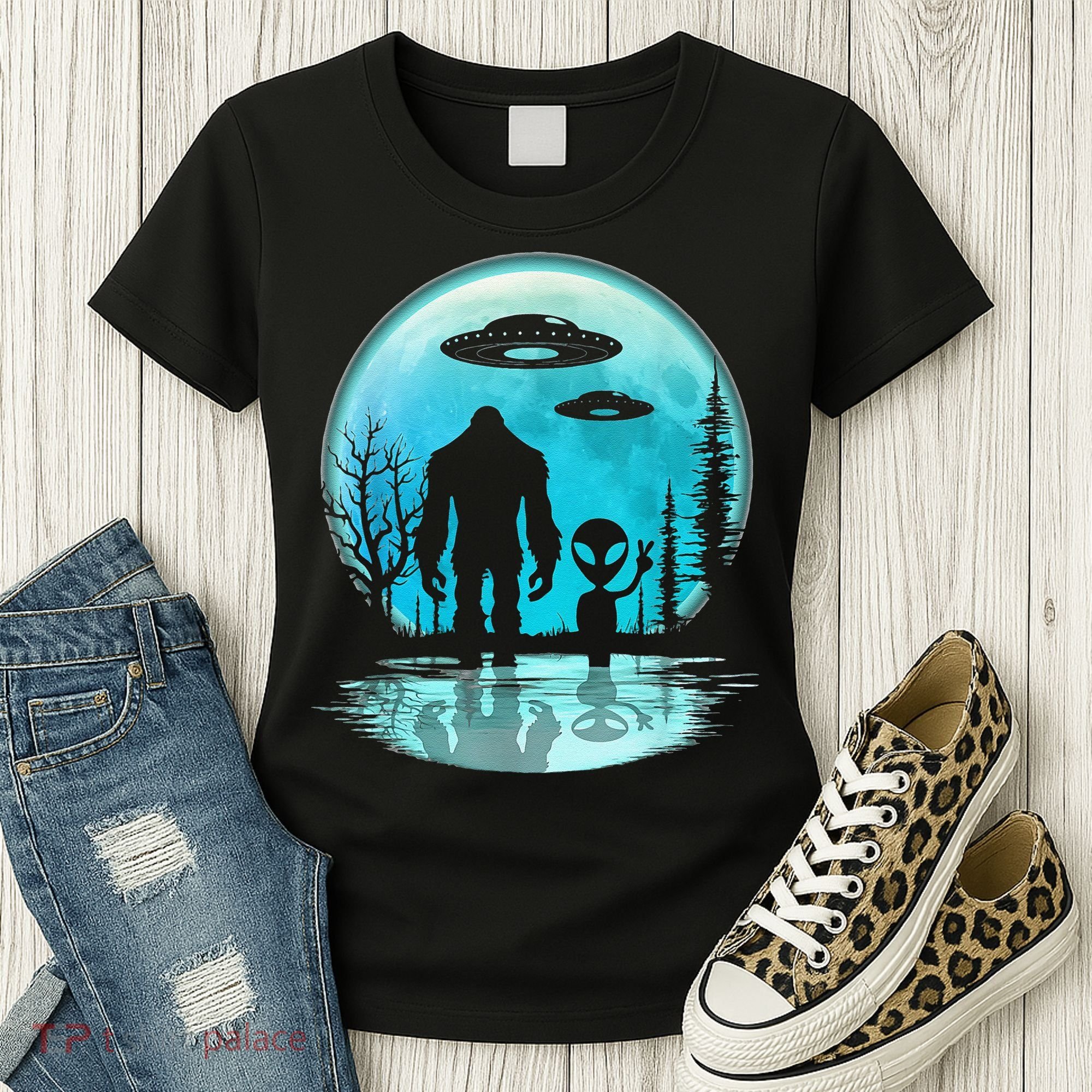 Alien And Bigfoot Moon Women's T-Shirt