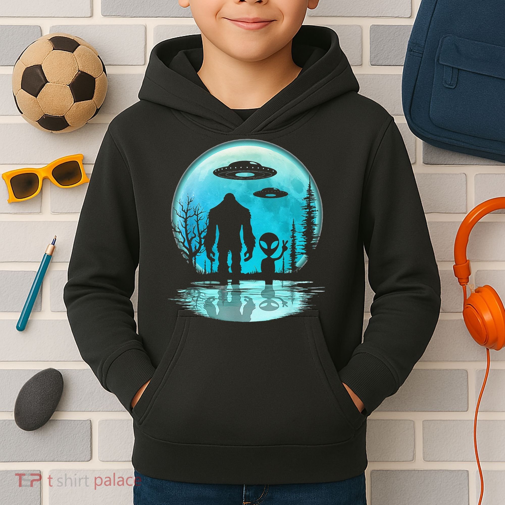 Alien And Bigfoot Moon Kids Hoodie
