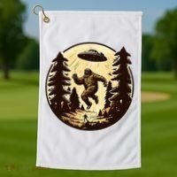 Alien And Bigfoot UFO Bigfoot Alien Golf Towel thumb 1