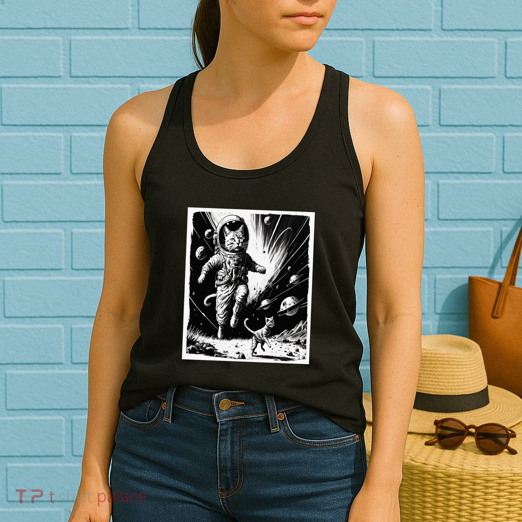 Aliens Abducting cats into Flying UFO Saucer in Cosmic Space Women's Tank Top