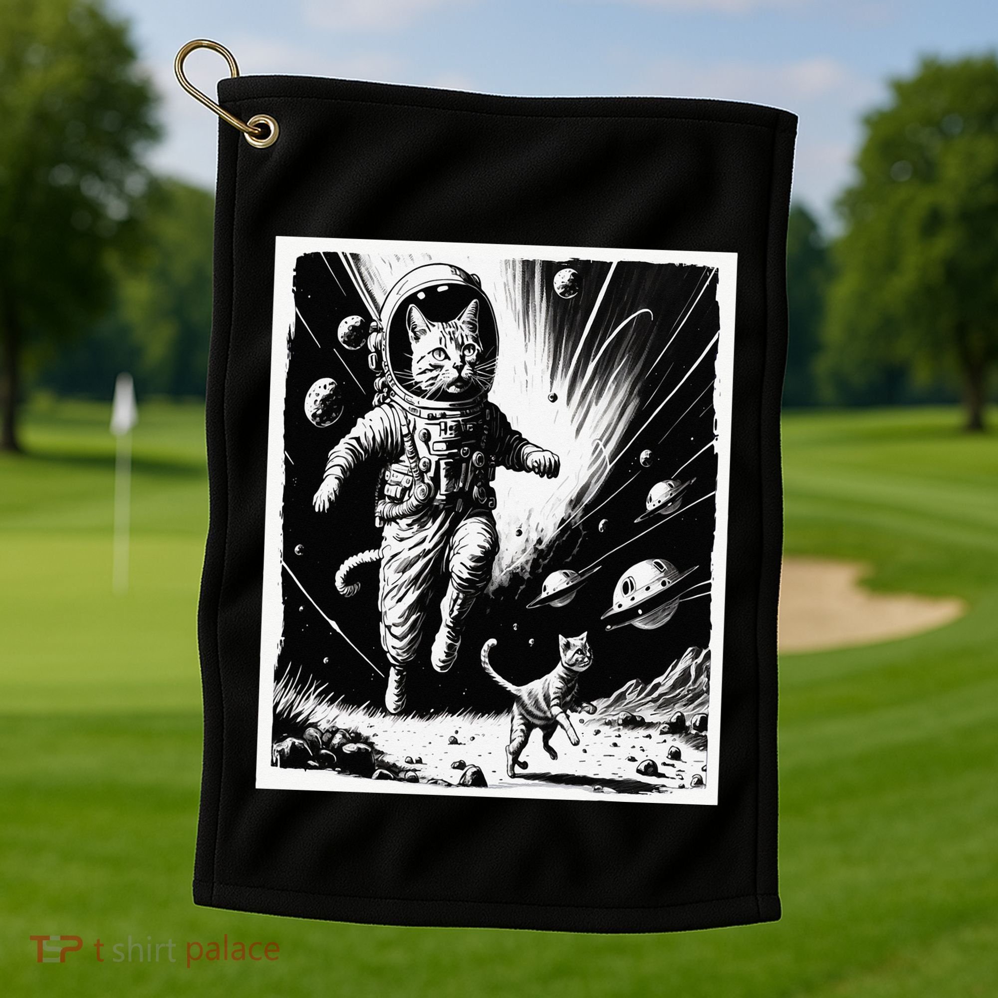 Aliens Abducting cats into Flying UFO Saucer in Cosmic Space Golf Towel