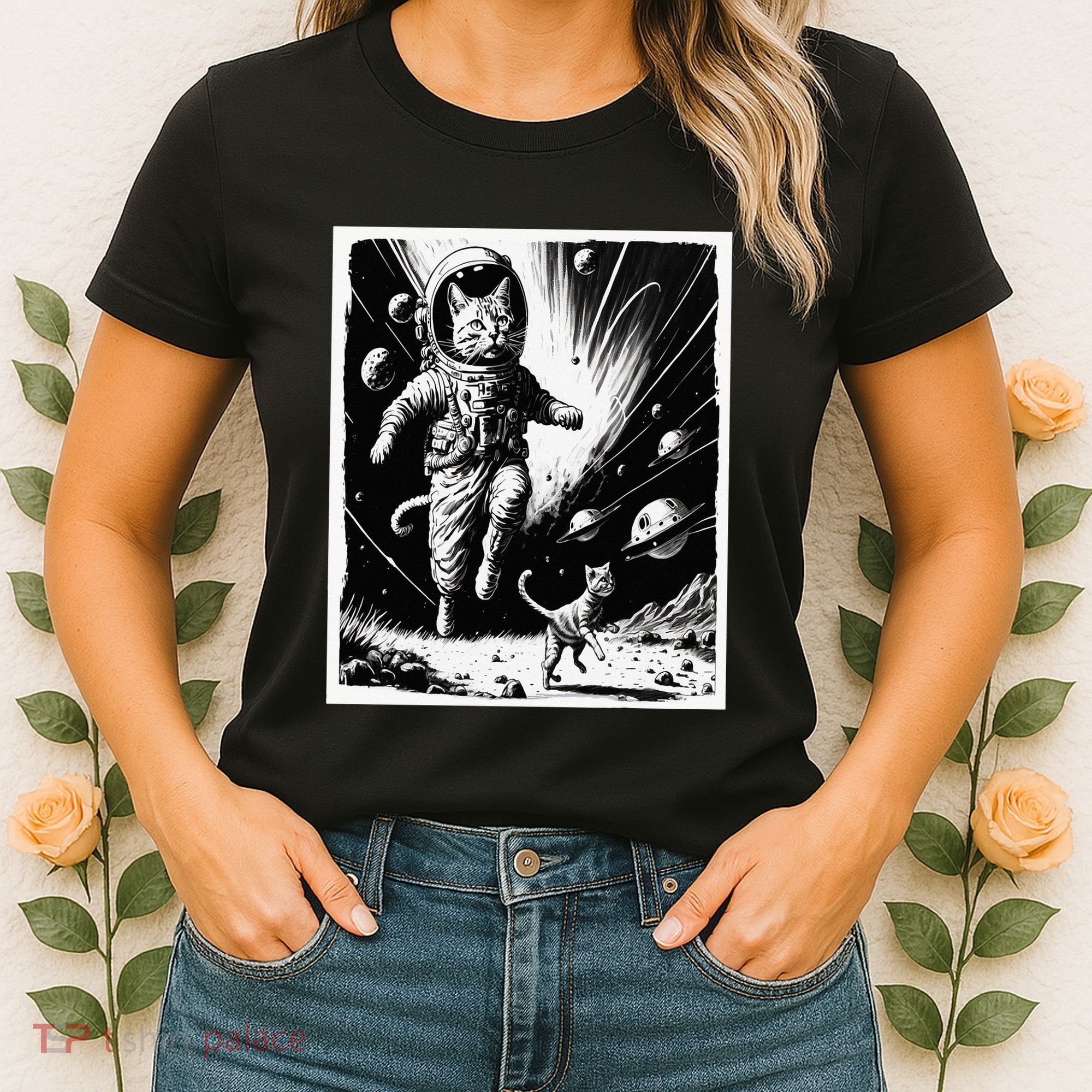 Aliens Abducting cats into Flying UFO Saucer in Cosmic Space Women's T-Shirt