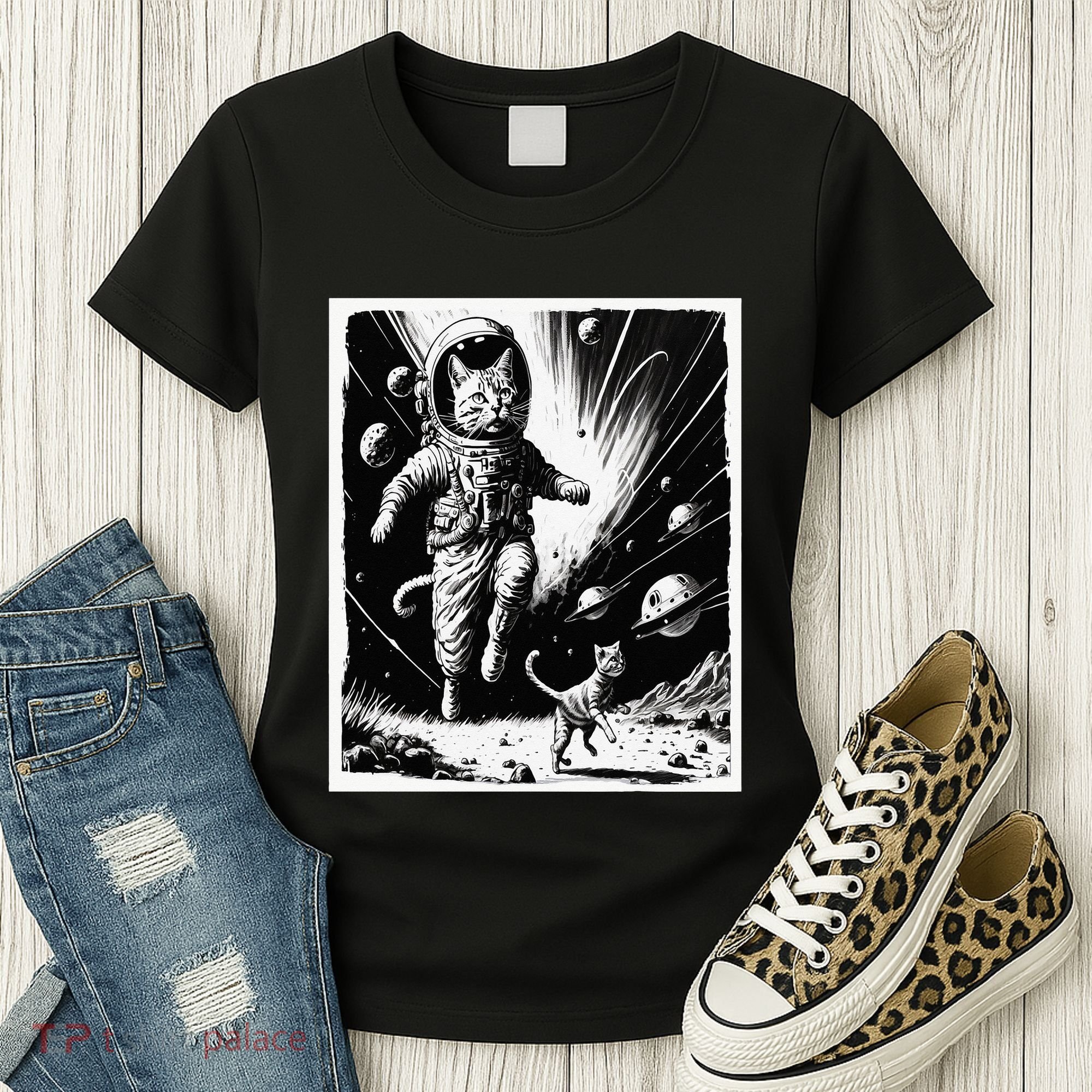 Aliens Abducting cats into Flying UFO Saucer in Cosmic Space Women's T-Shirt