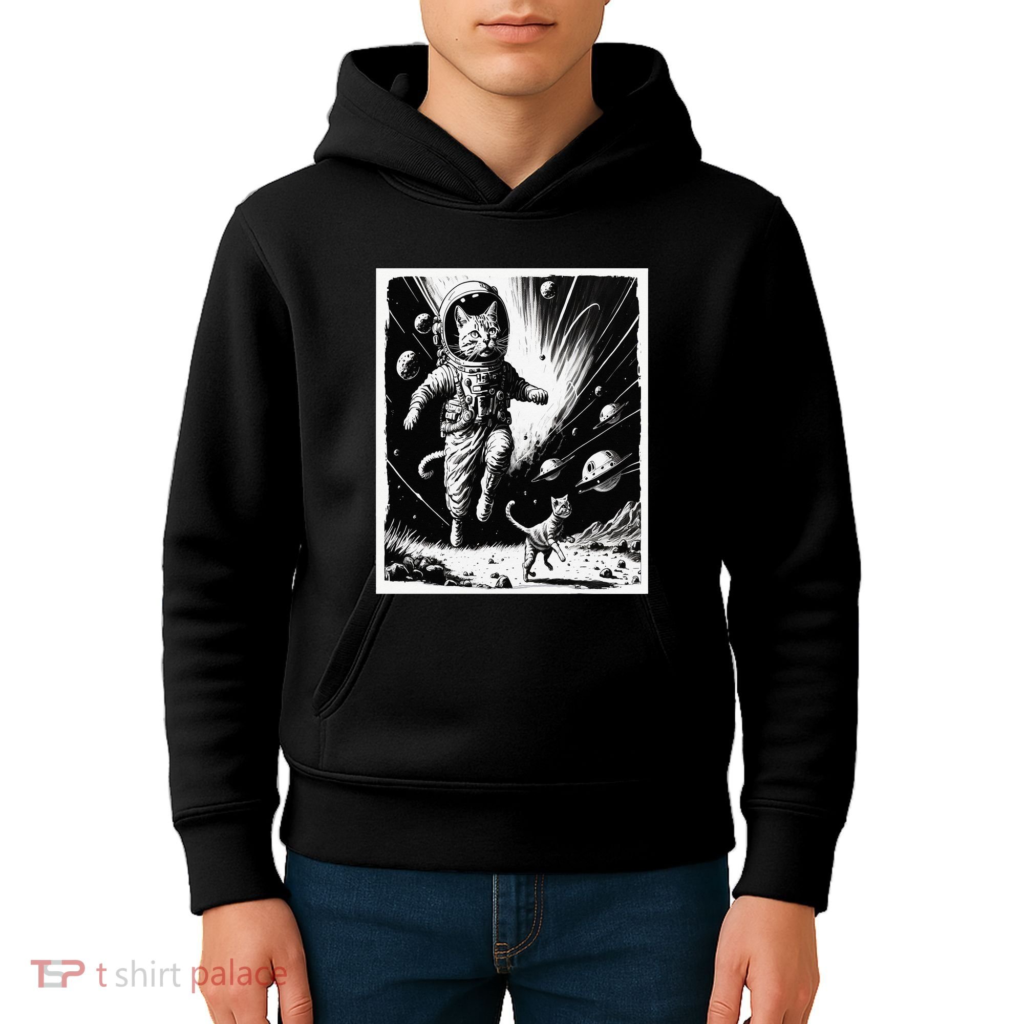 Aliens Abducting cats into Flying UFO Saucer in Cosmic Space Kids Hoodie