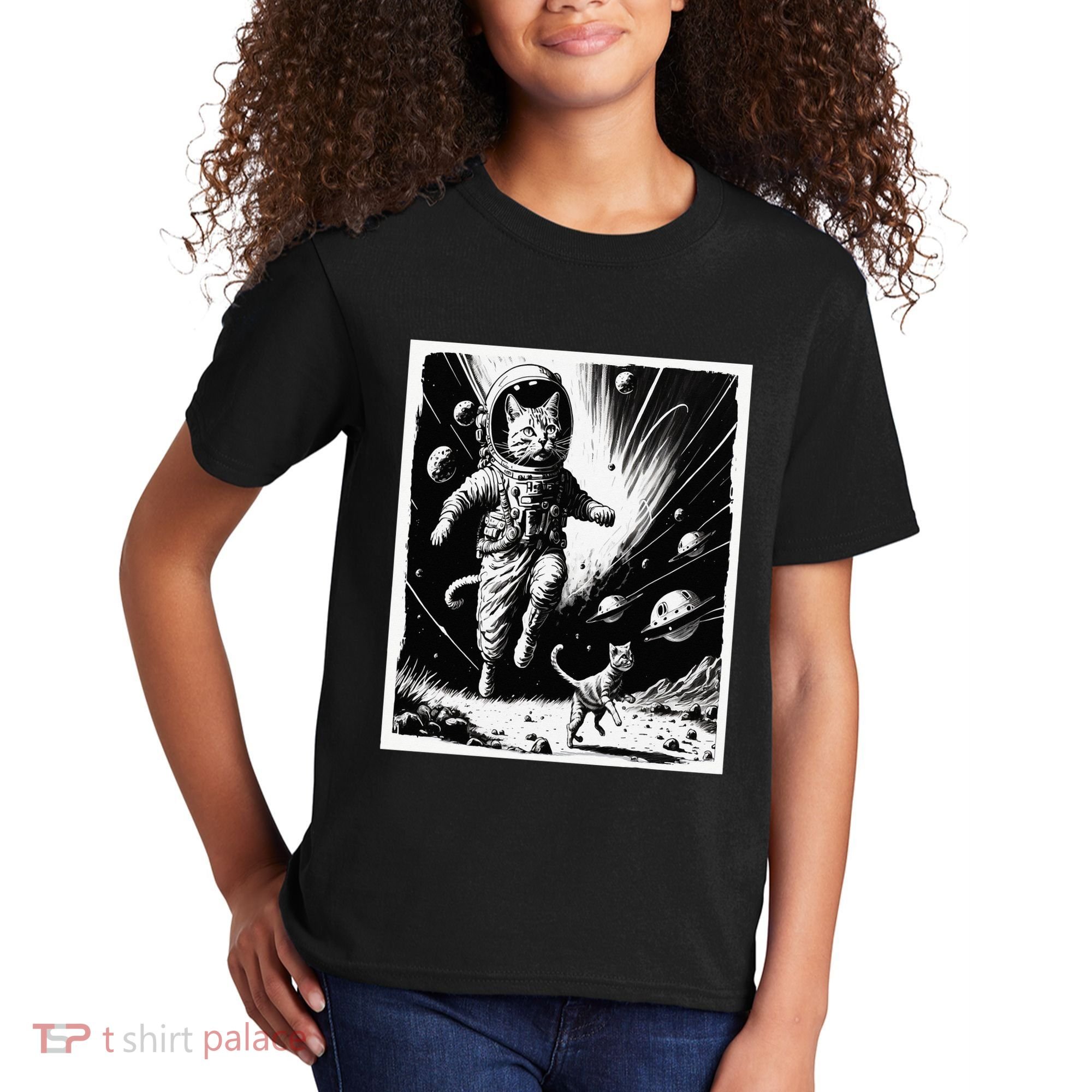 Aliens Abducting cats into Flying UFO Saucer in Cosmic Space Kids T-Shirt