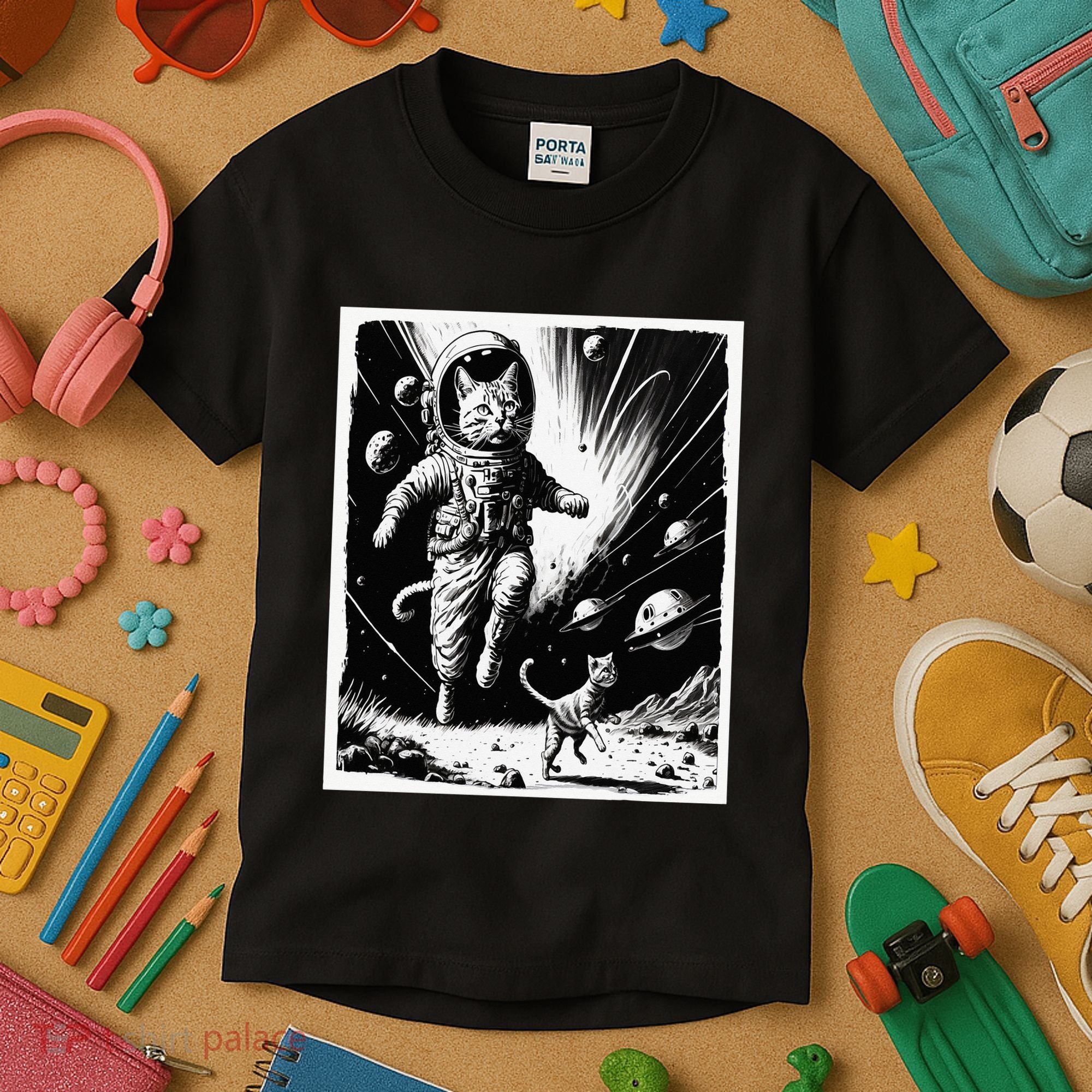 Aliens Abducting cats into Flying UFO Saucer in Cosmic Space Kids T-Shirt