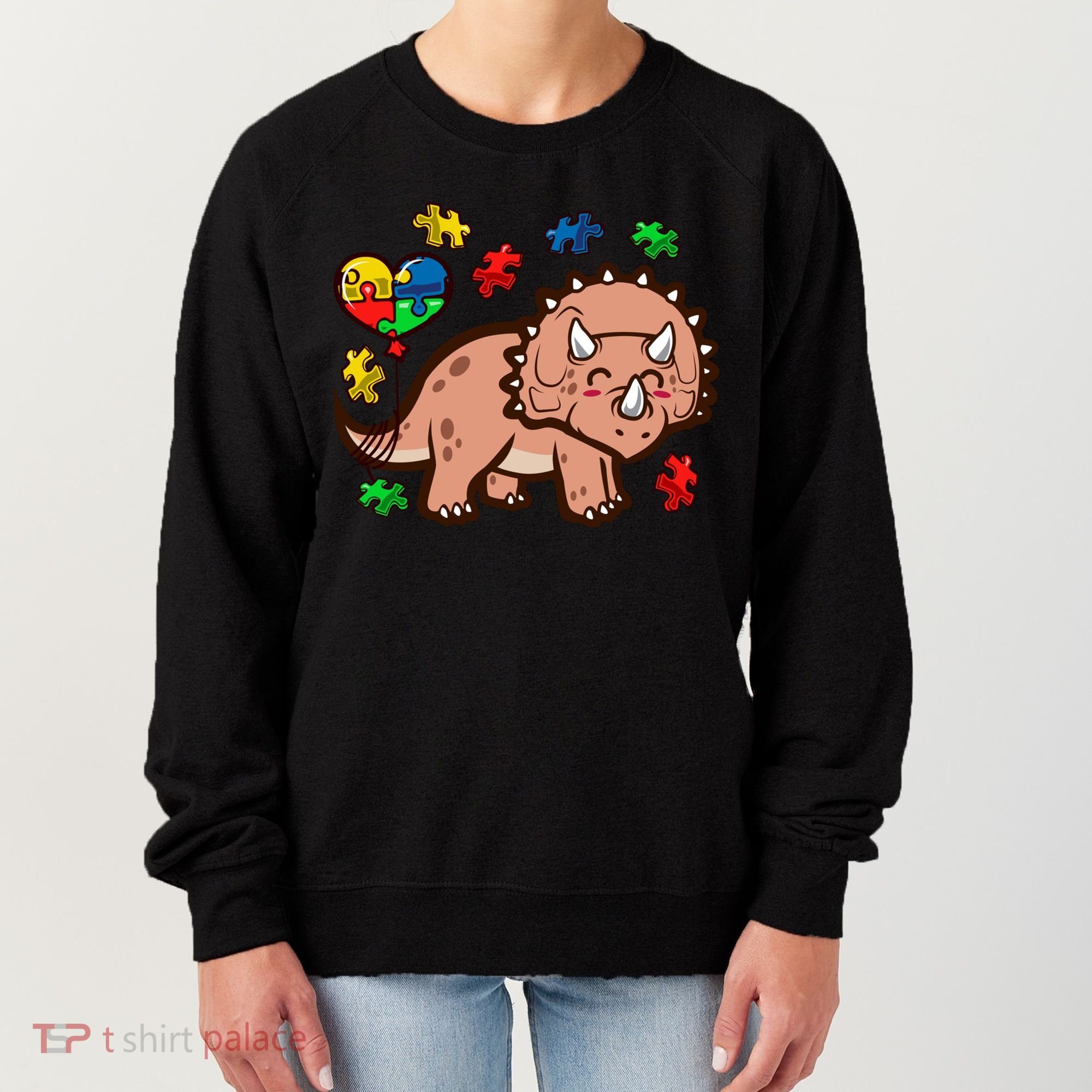 Autism Awareness Cute Triceratops Dinosaur Puzzle Heart Love Gift Women's Sweatshirt