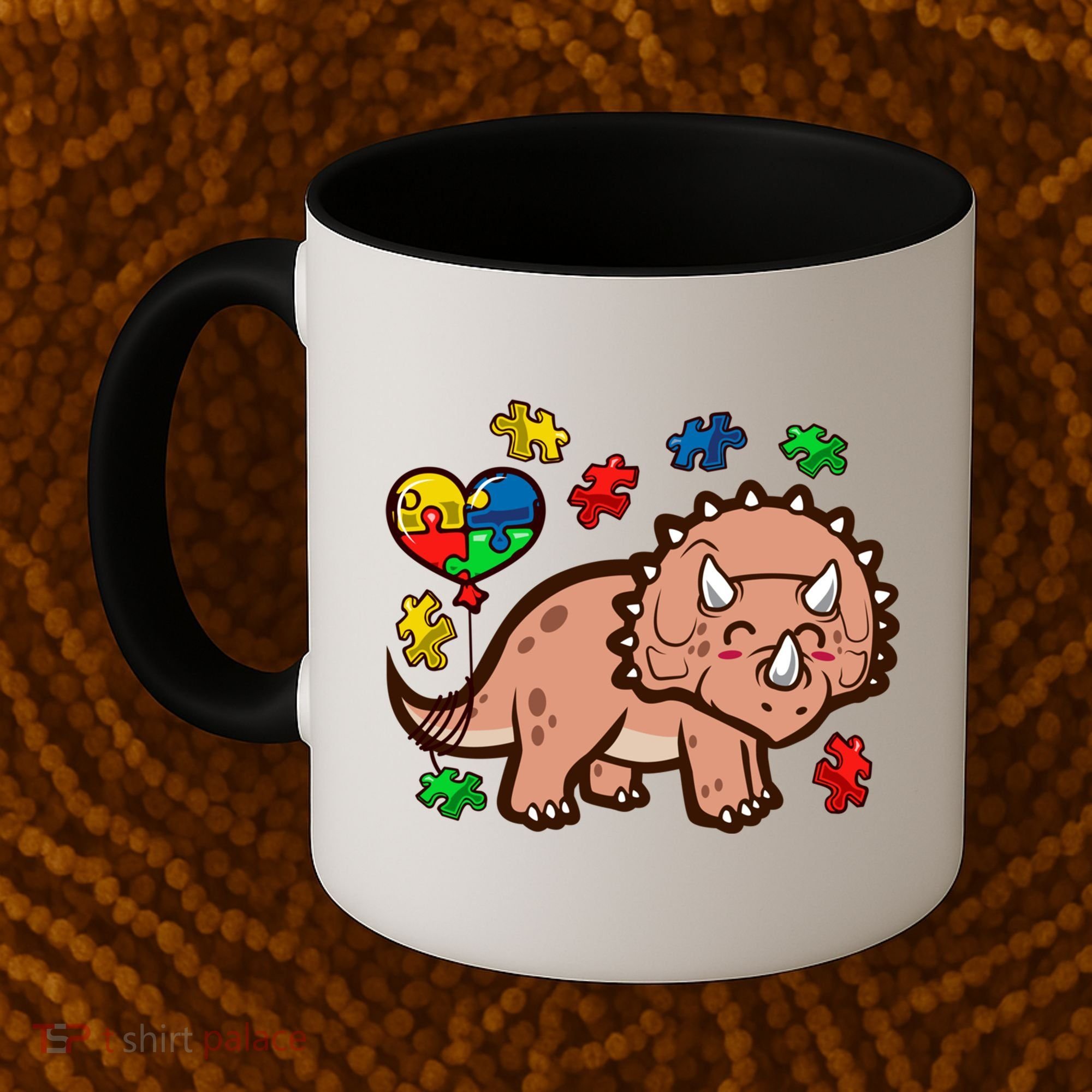 Autism Awareness Cute Triceratops Dinosaur Puzzle Heart Love Gift Coffee Mug