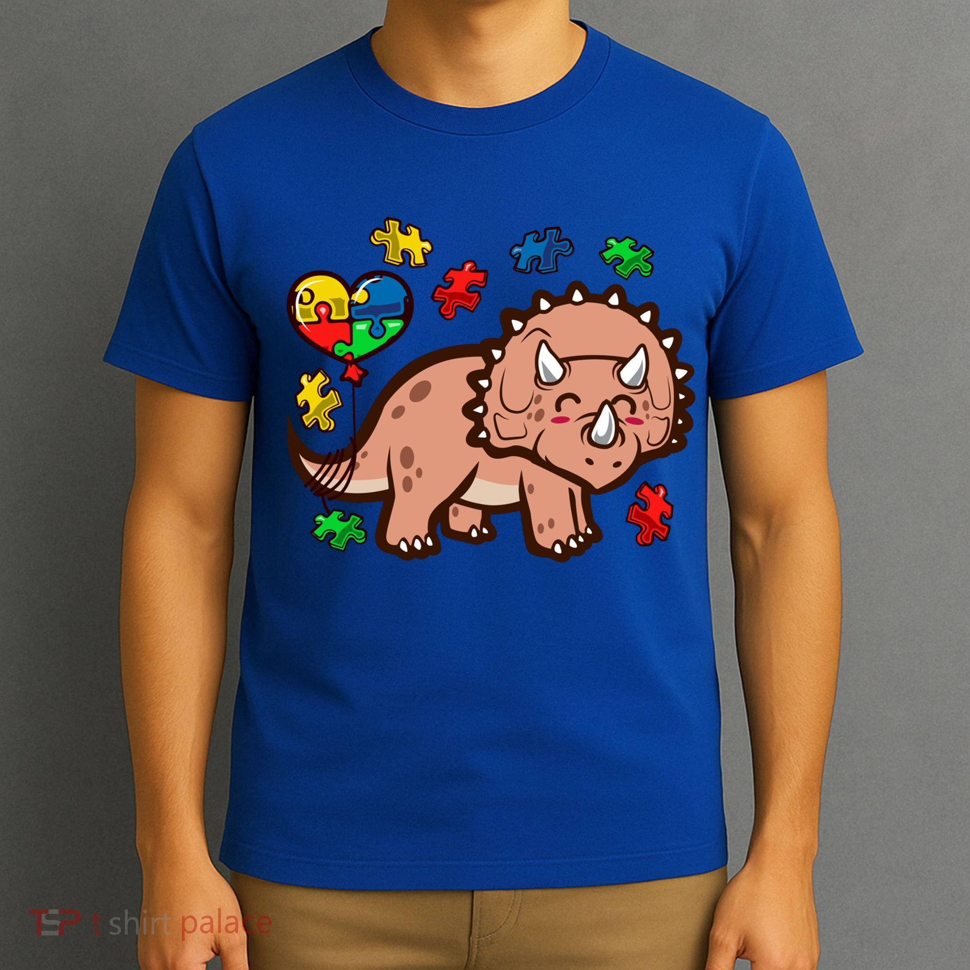 Autism Awareness Cute Triceratops Dinosaur Puzzle Heart Love Gift T-Shirt