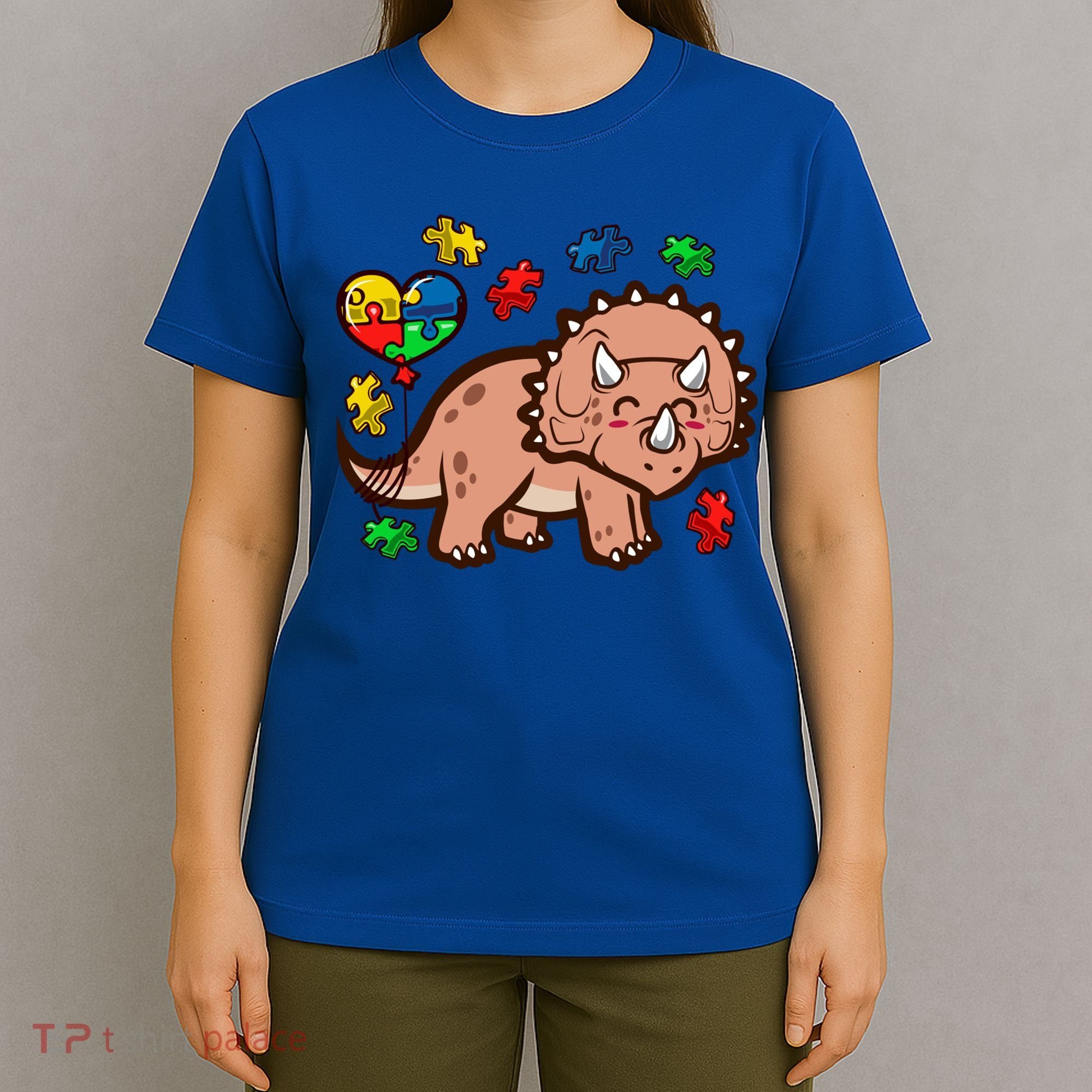 Autism Awareness Cute Triceratops Dinosaur Puzzle Heart Love Gift T-Shirt