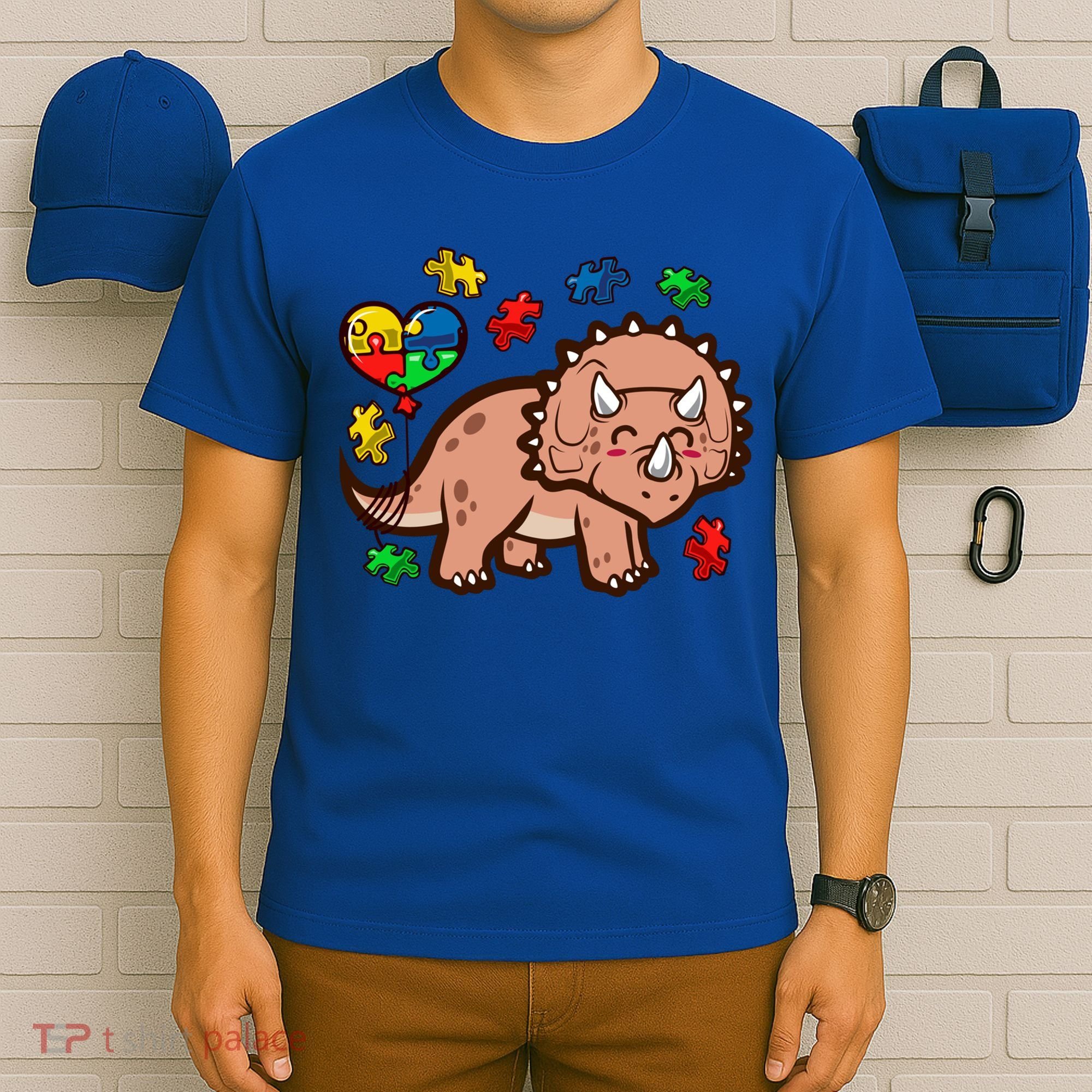 Autism Awareness Cute Triceratops Dinosaur Puzzle Heart Love Gift T-Shirt