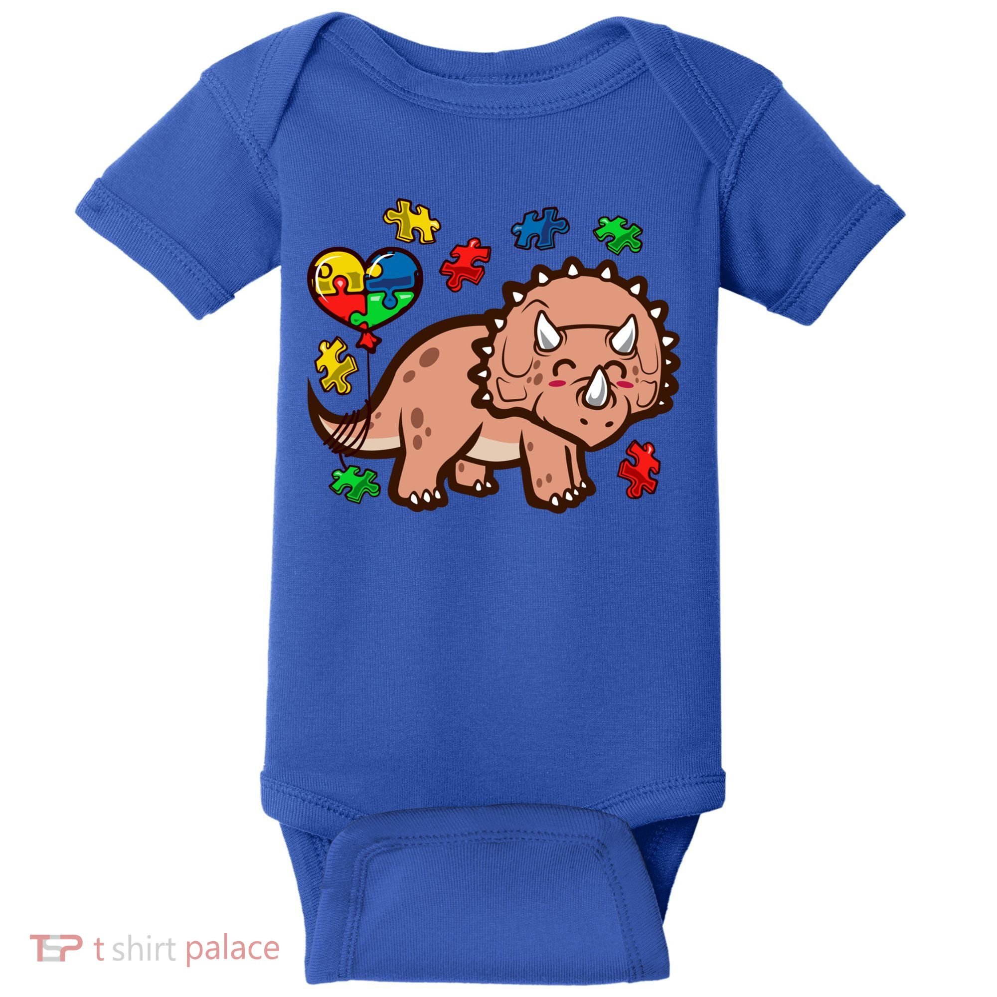 Autism Awareness Cute Triceratops Dinosaur Puzzle Heart Love Gift Baby Bodysuit