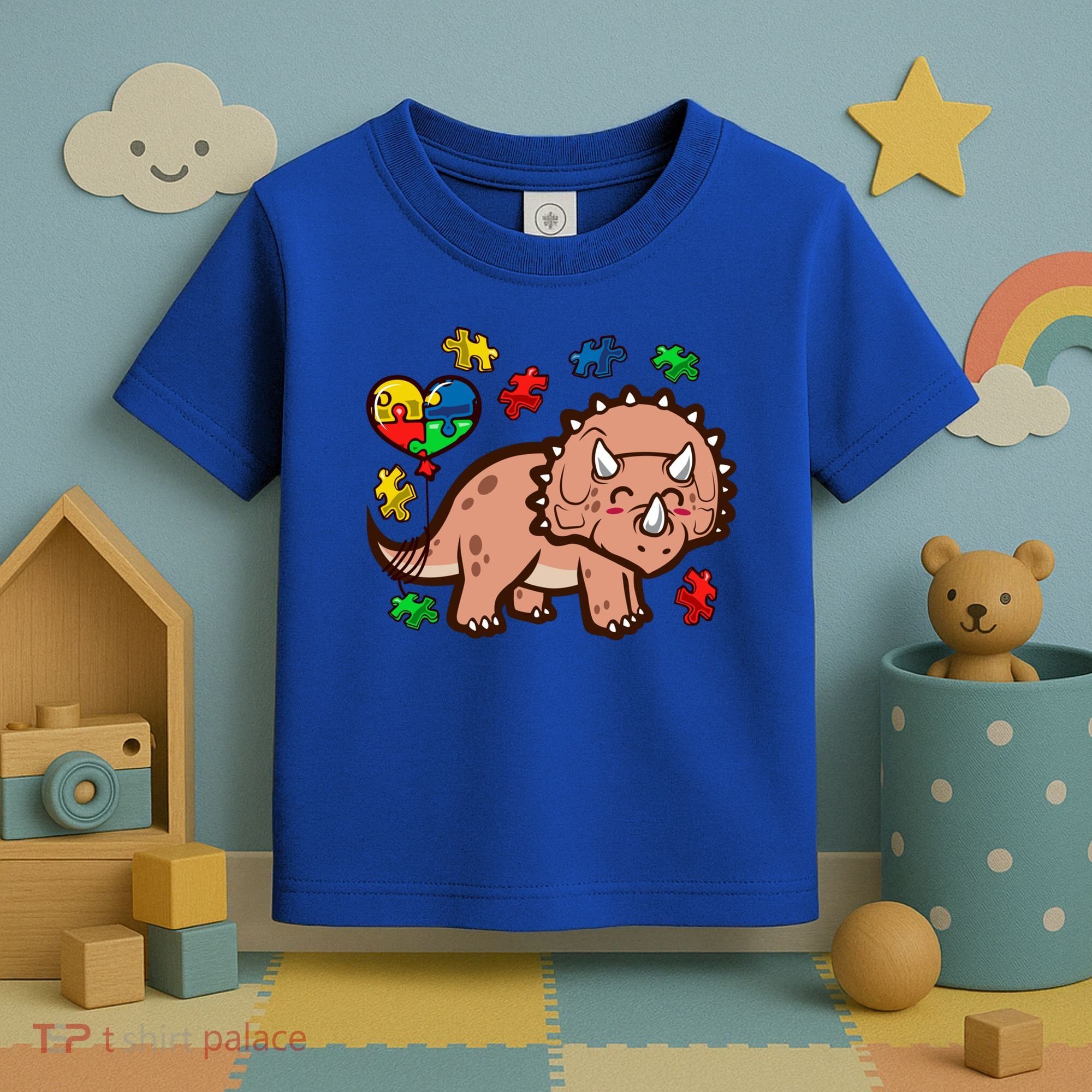 Autism Awareness Cute Triceratops Dinosaur Puzzle Heart Love Gift Toddler T-Shirt