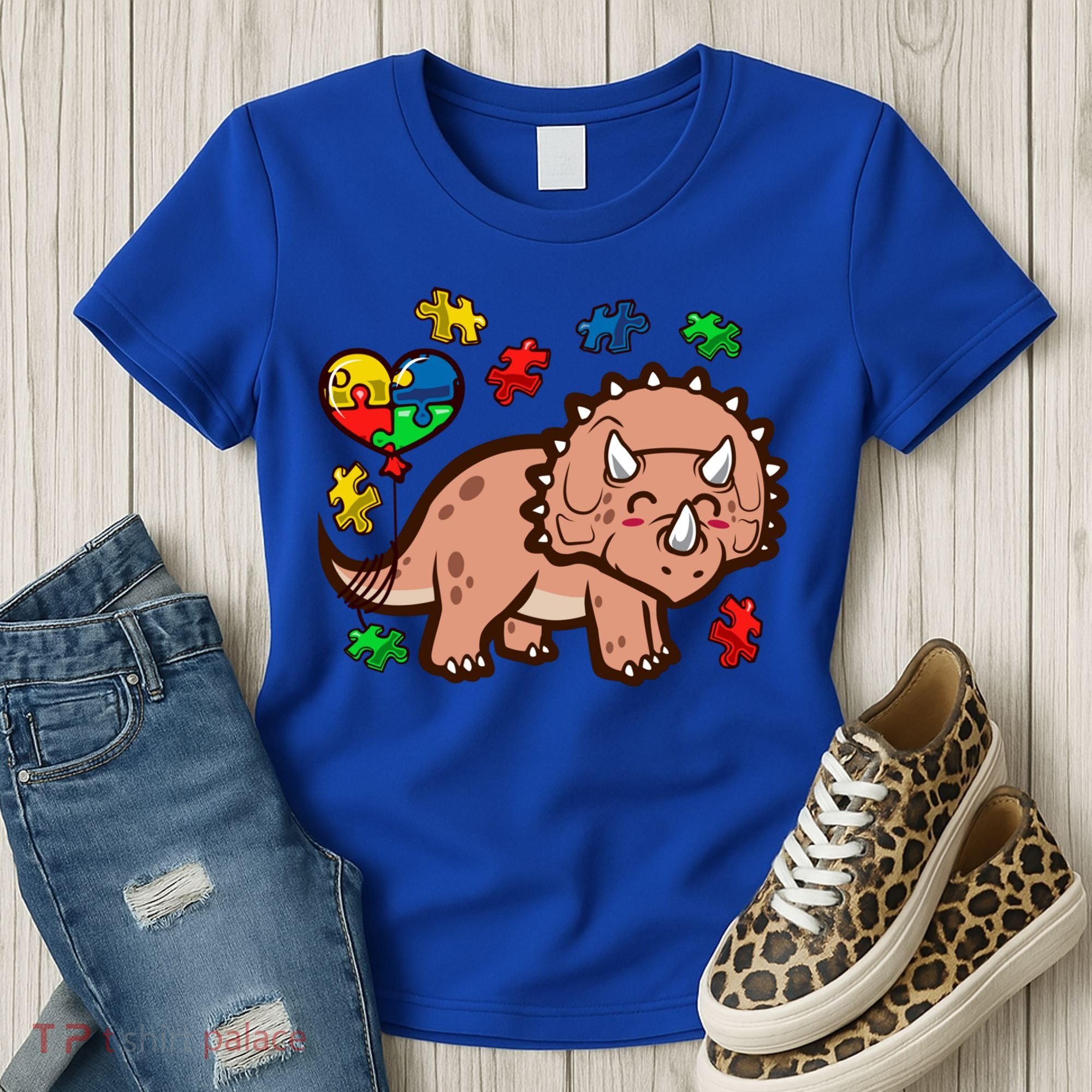Autism Awareness Cute Triceratops Dinosaur Puzzle Heart Love Gift Women's T-Shirt