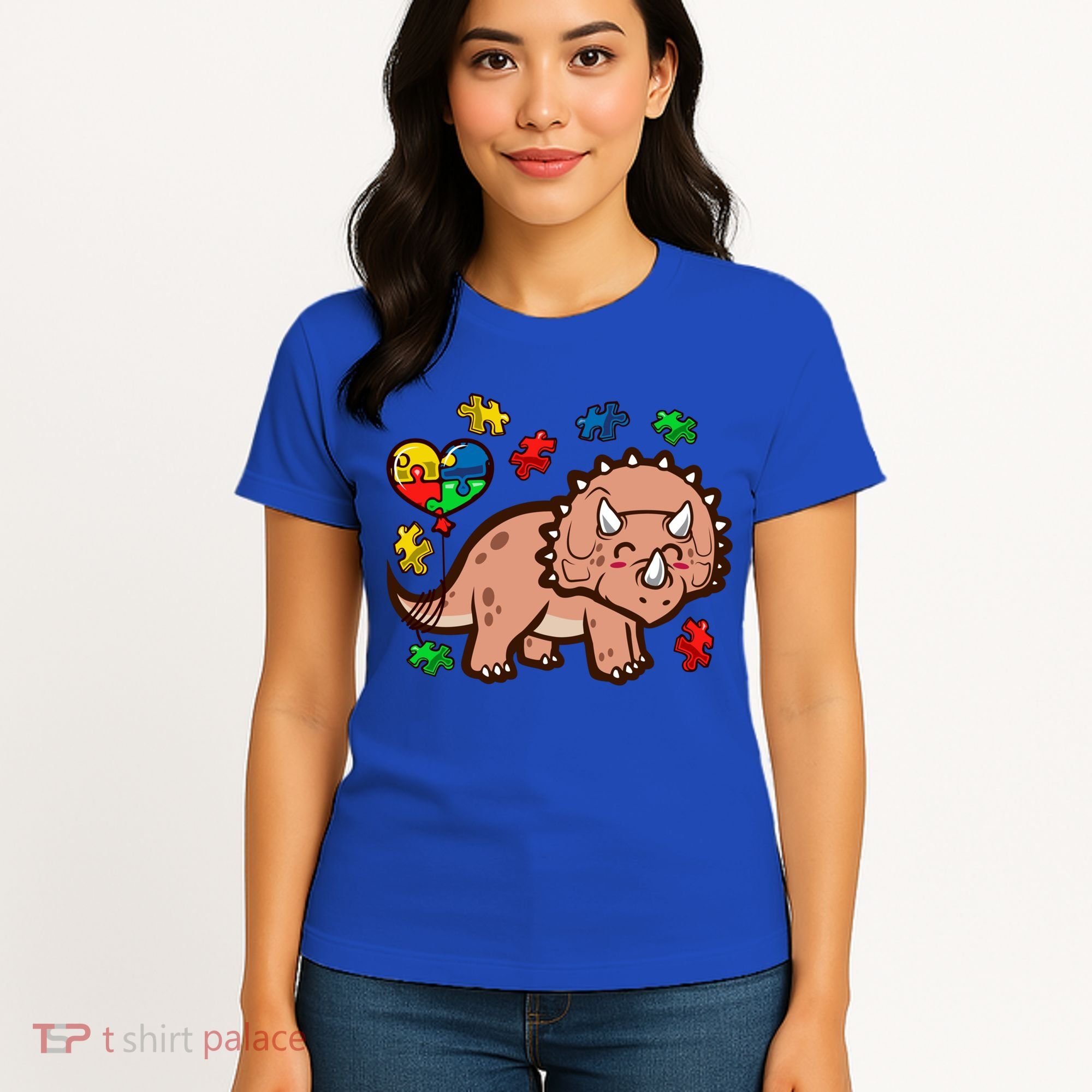 Autism Awareness Cute Triceratops Dinosaur Puzzle Heart Love Gift Women's T-Shirt