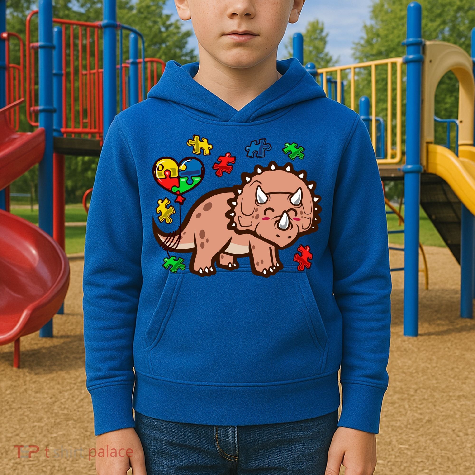 Autism Awareness Cute Triceratops Dinosaur Puzzle Heart Love Gift Kids Hoodie