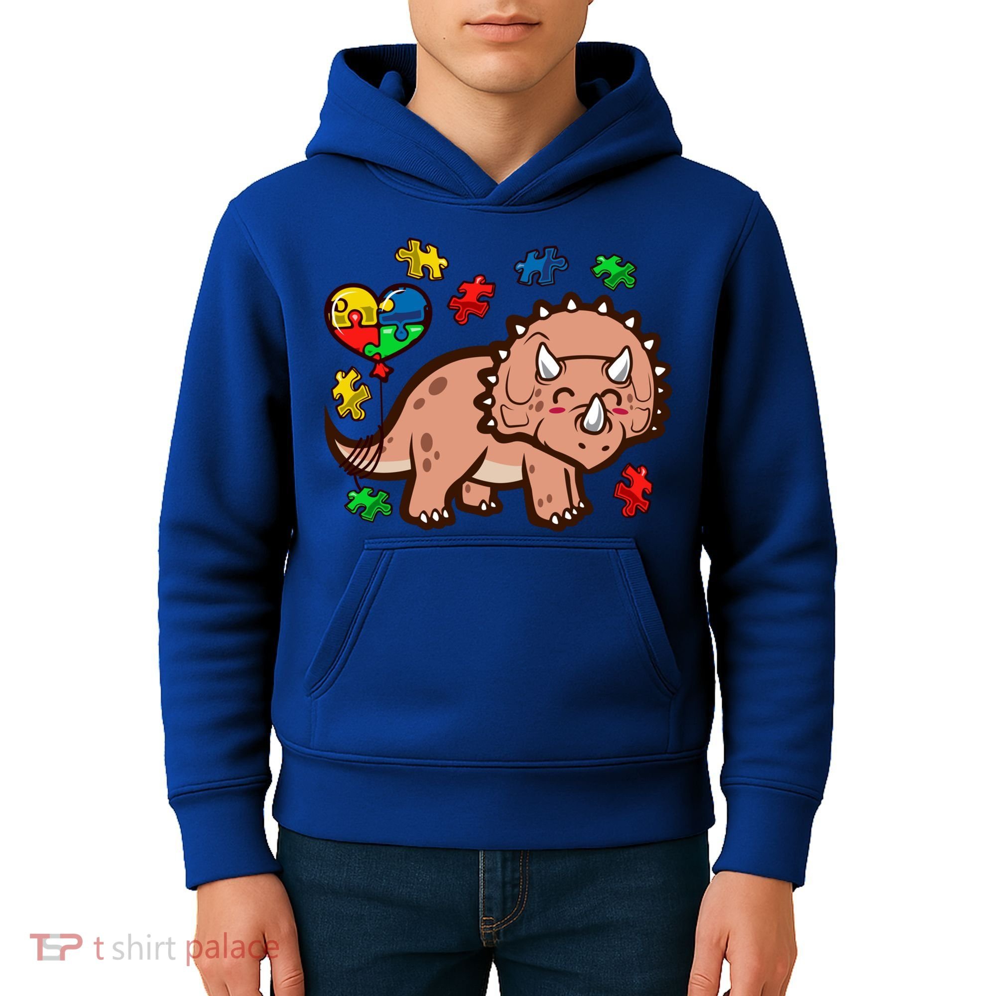 Autism Awareness Cute Triceratops Dinosaur Puzzle Heart Love Gift Kids Hoodie