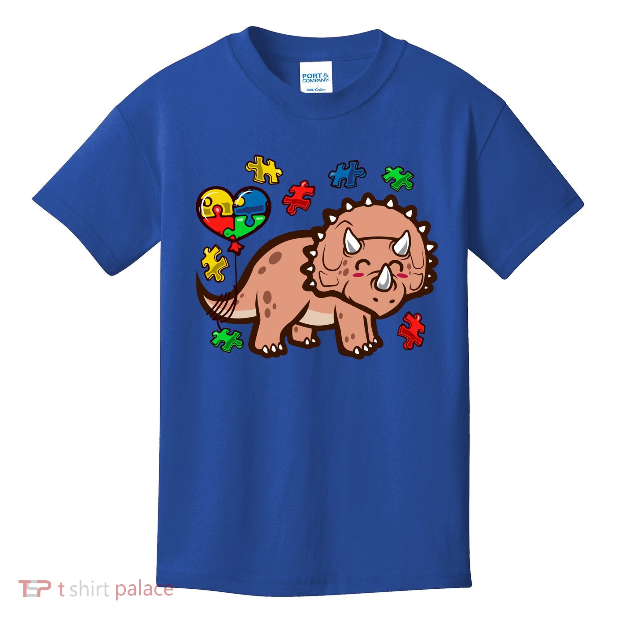 Autism Awareness Cute Triceratops Dinosaur Puzzle Heart Love Gift Kids T-Shirt