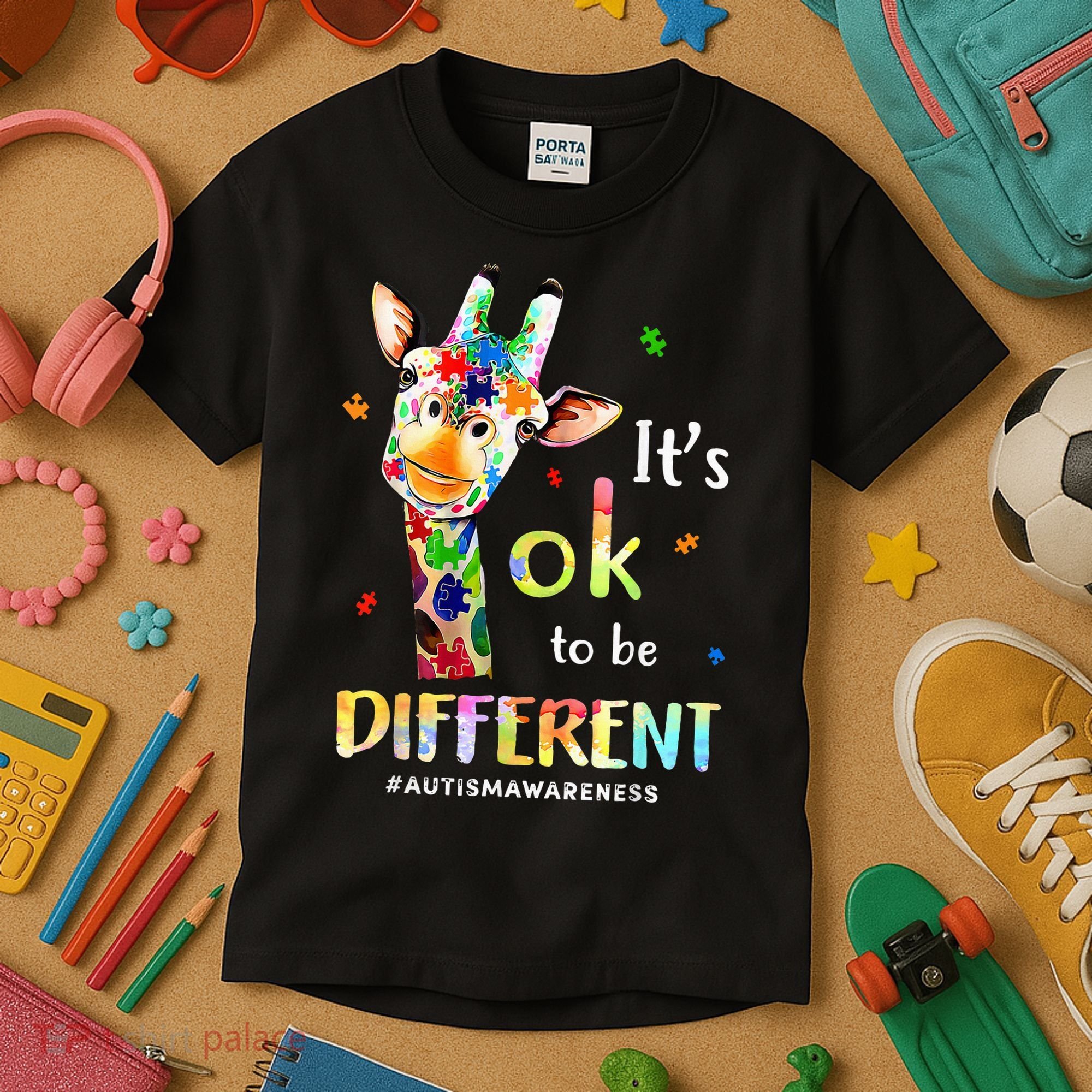 Autism Awareness Cute Giraffe Animal Its Ok To Be Different Kids T-Shirt