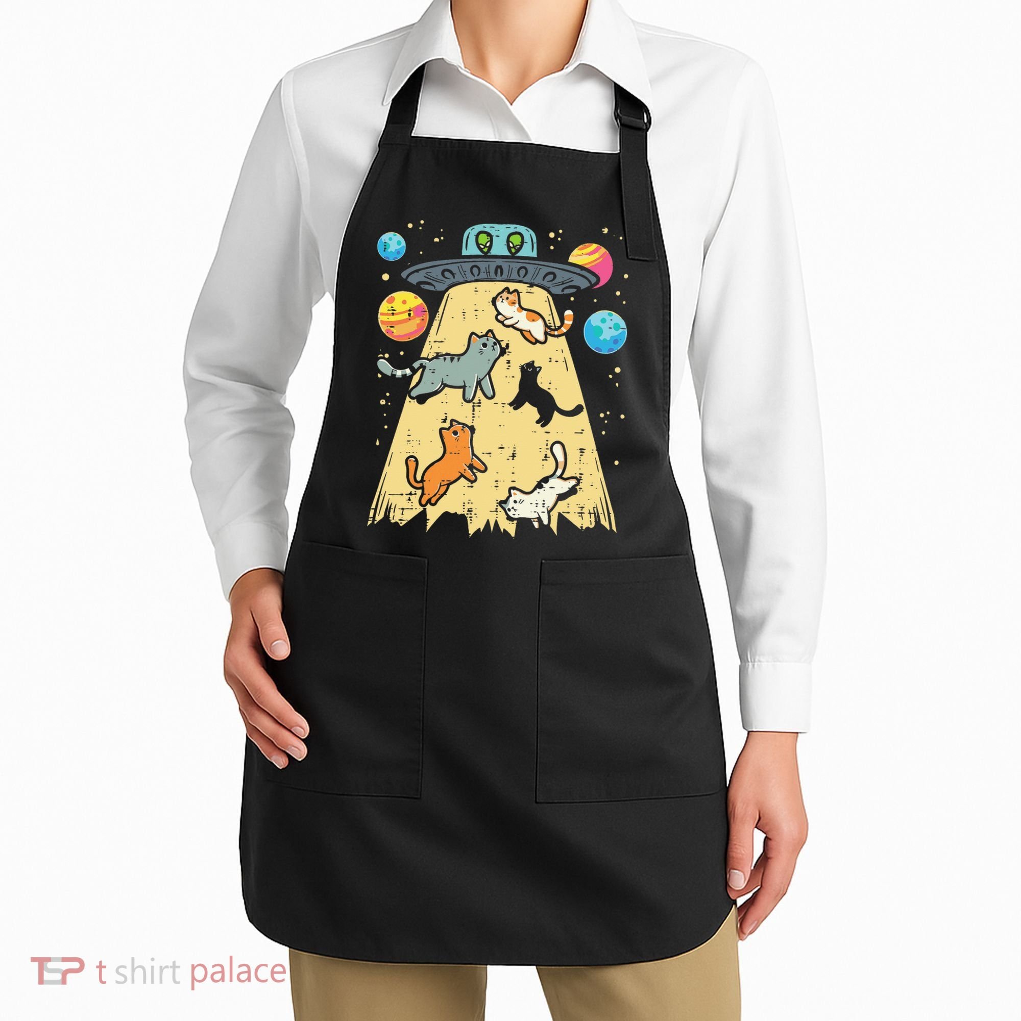 Alien Abduction Cats Ufo Flying Saucer Space Women Apron