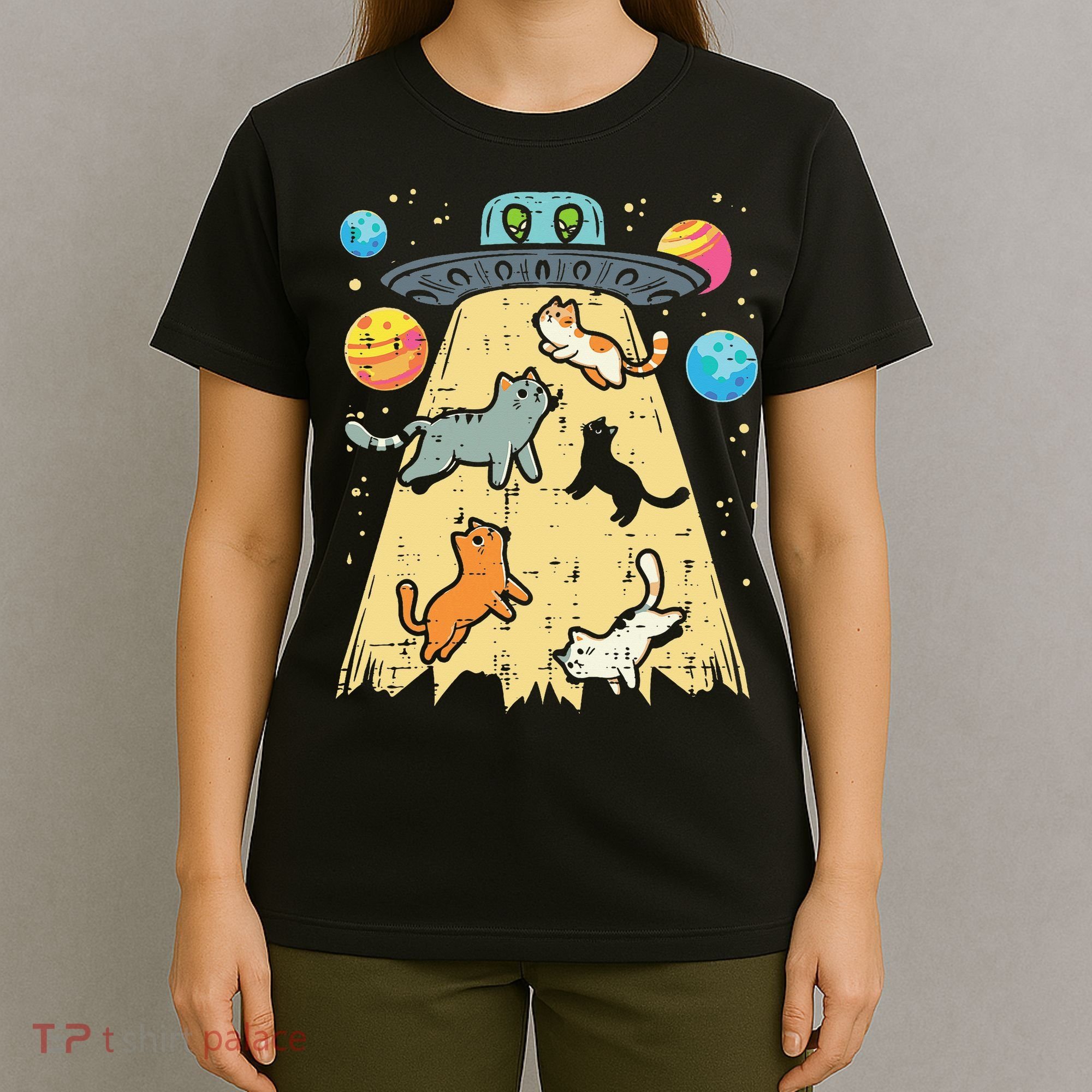 Alien Abduction Cats Ufo Flying Saucer Space Women T-Shirt