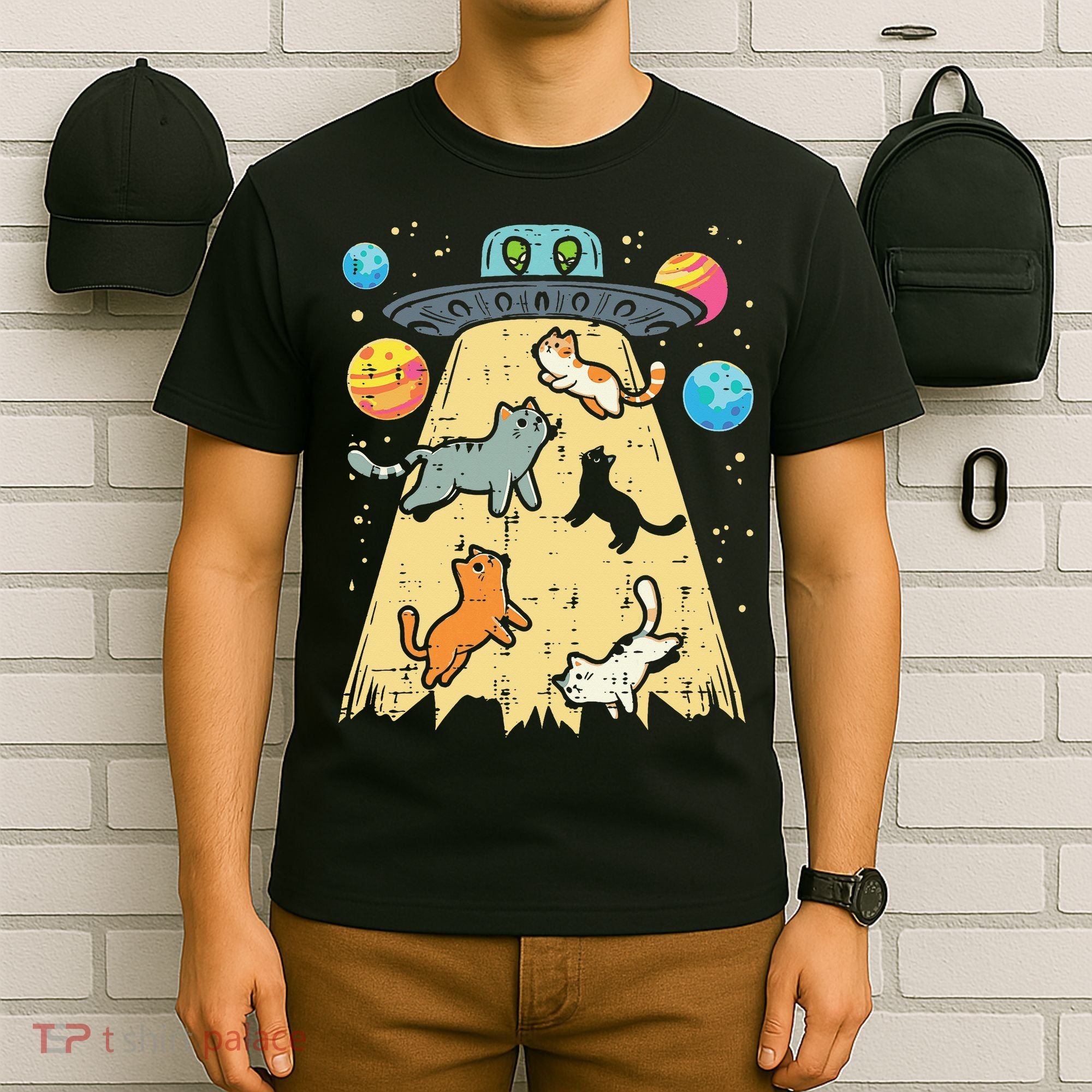 Alien Abduction Cats Ufo Flying Saucer Space Women T-Shirt