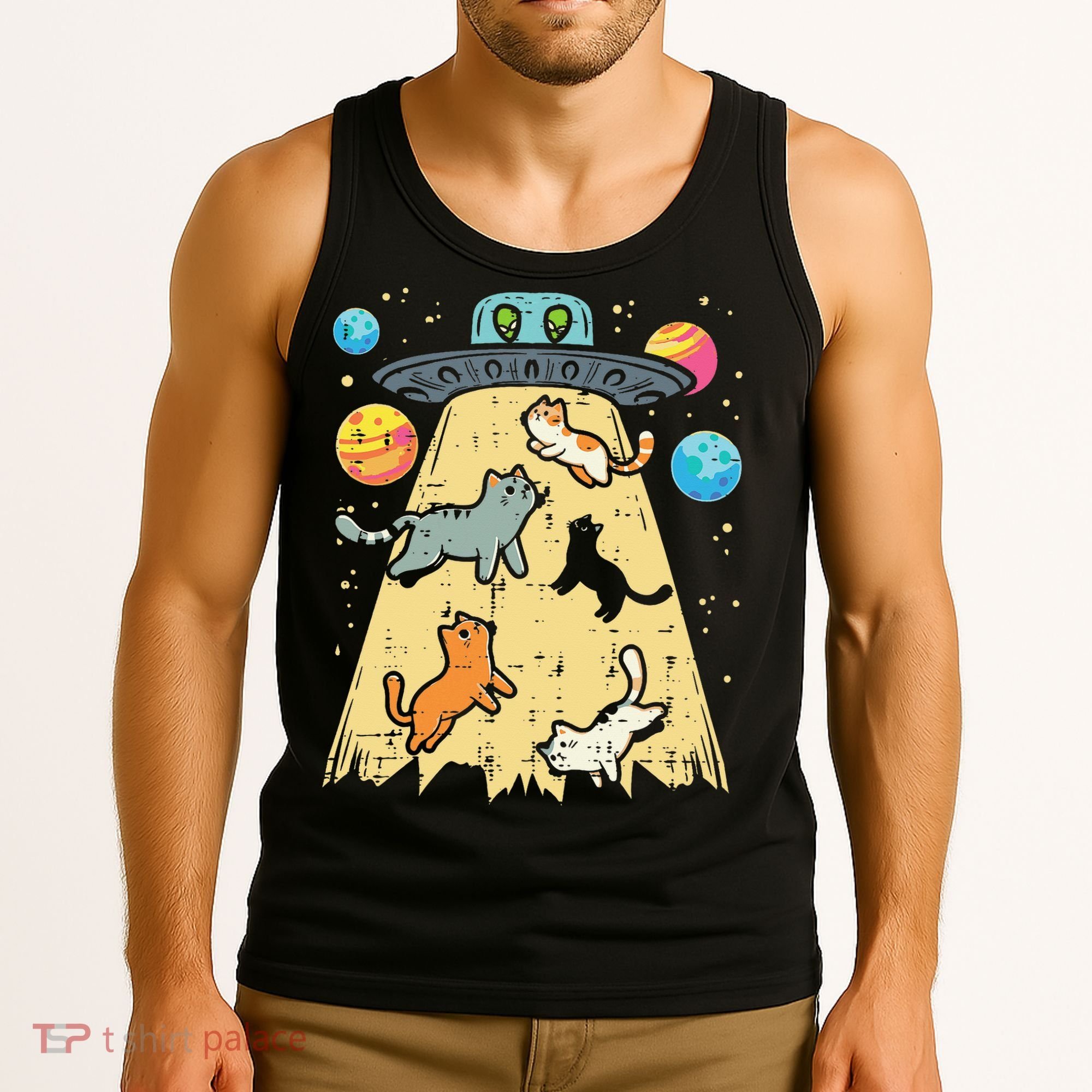 Alien Abduction Cats Ufo Flying Saucer Space Women Tank Top