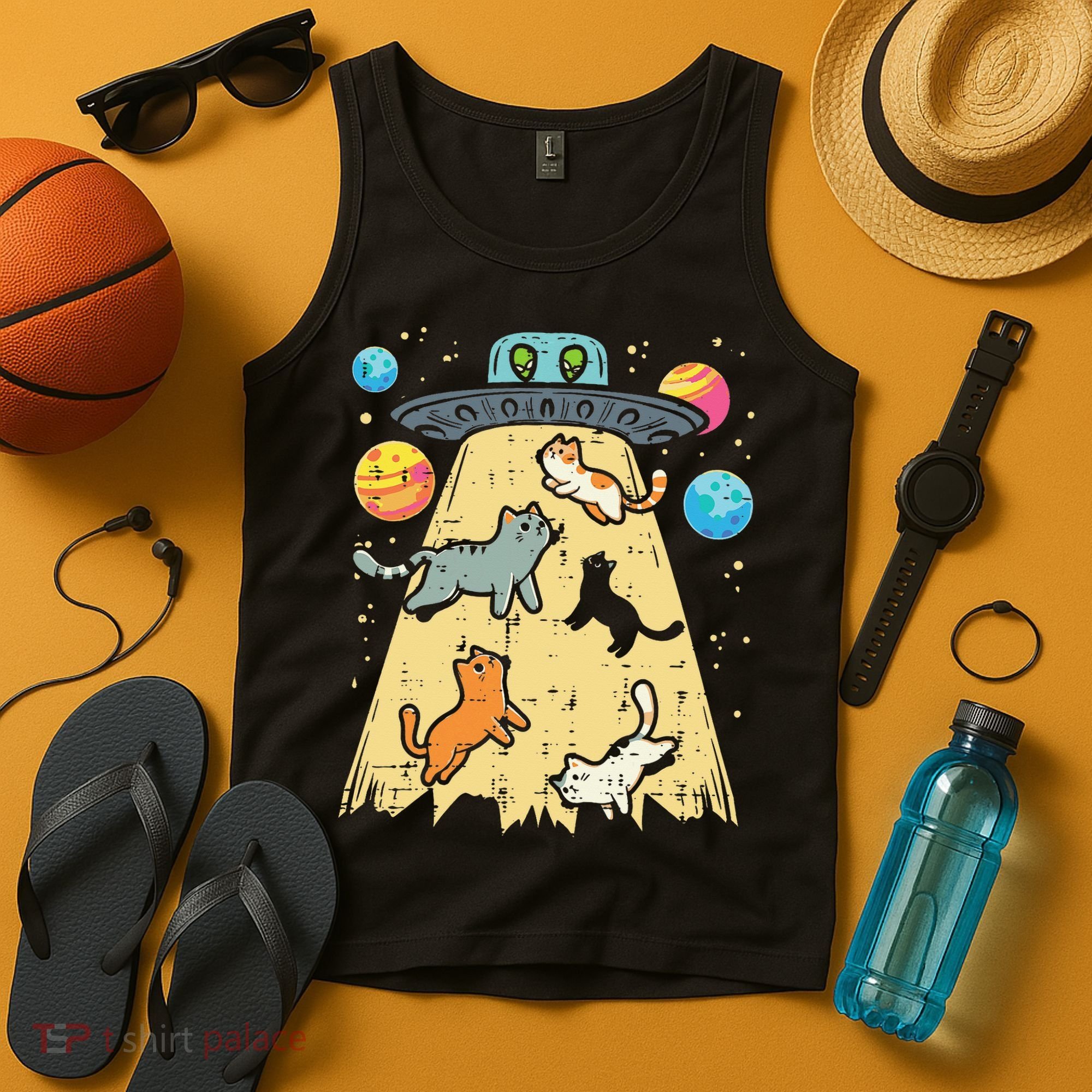 Alien Abduction Cats Ufo Flying Saucer Space Women Tank Top