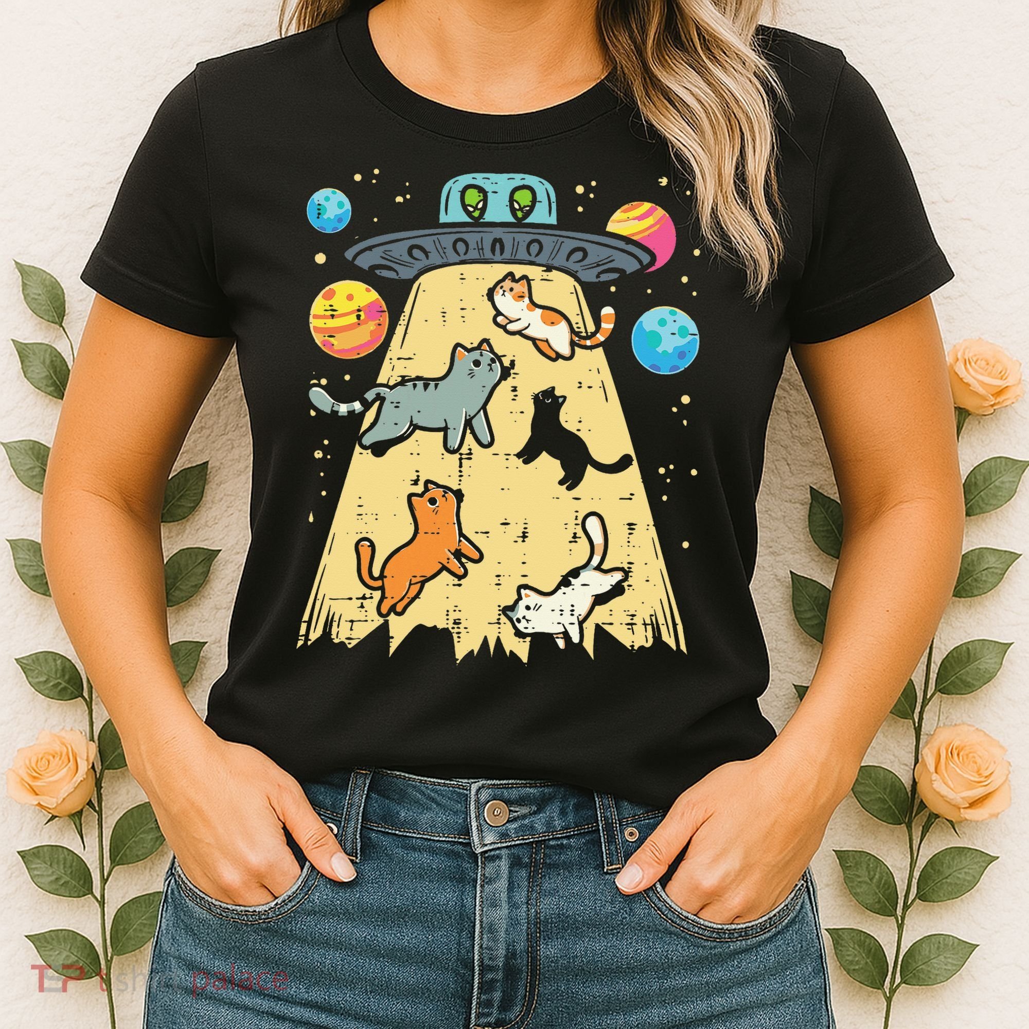 Alien Abduction Cats Ufo Flying Saucer Space Women Women's T-Shirt