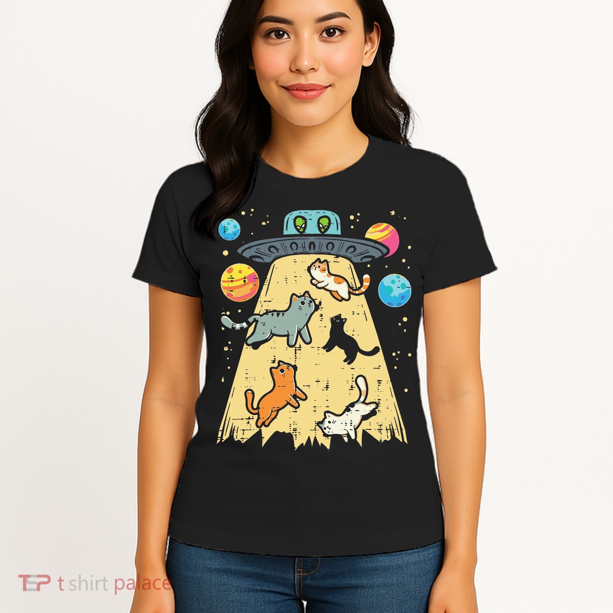 Alien Abduction Cats Ufo Flying Saucer Space Women Women's T-Shirt
