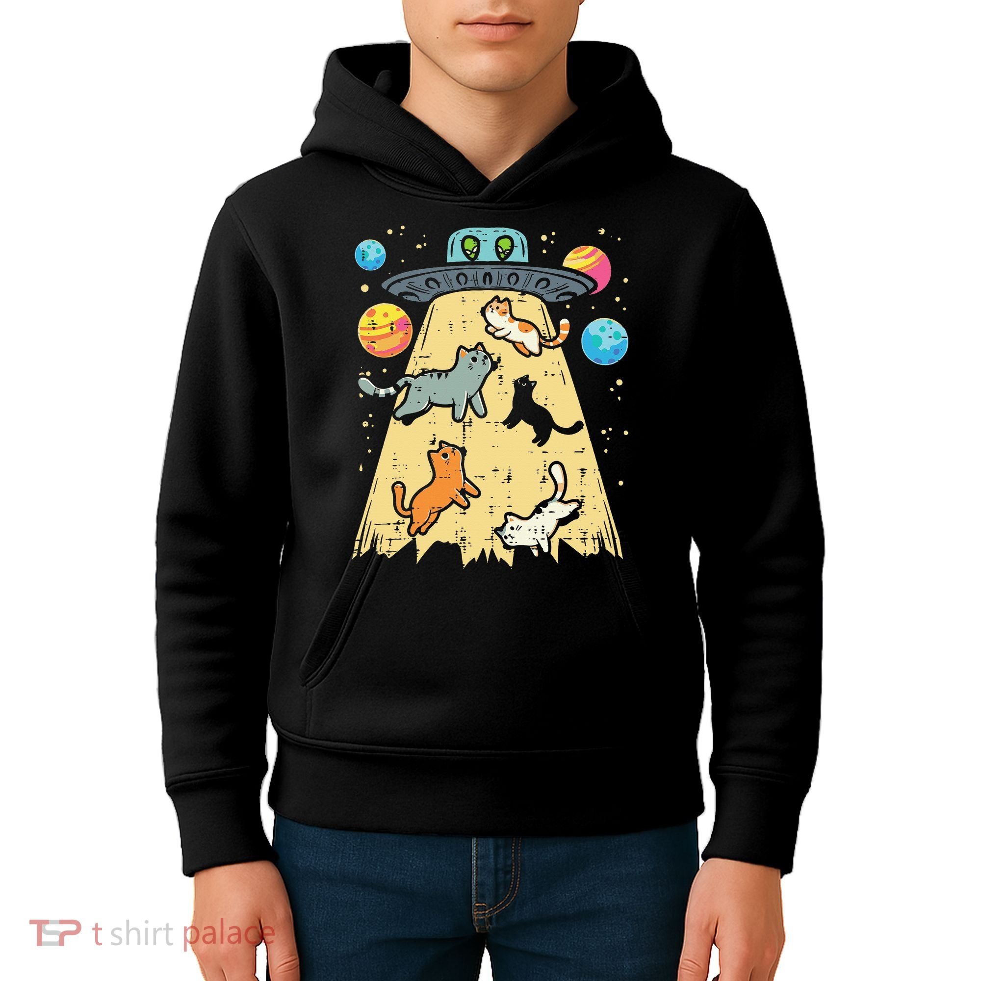 Alien Abduction Cats Ufo Flying Saucer Space Women Kids Hoodie