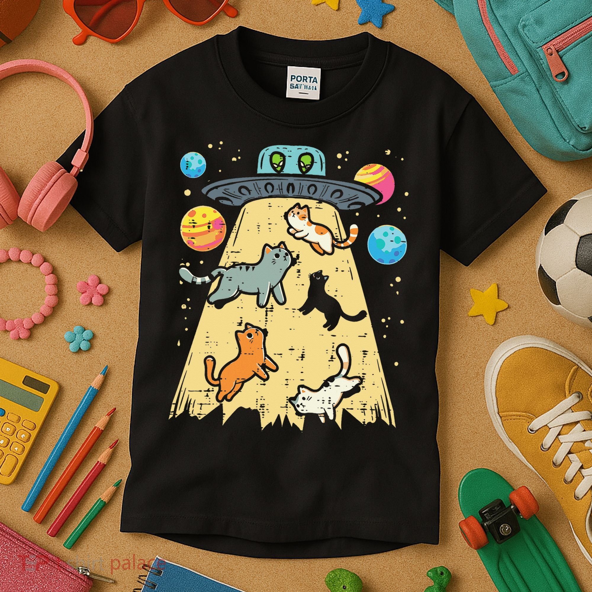 Alien Abduction Cats Ufo Flying Saucer Space Women Kids T-Shirt
