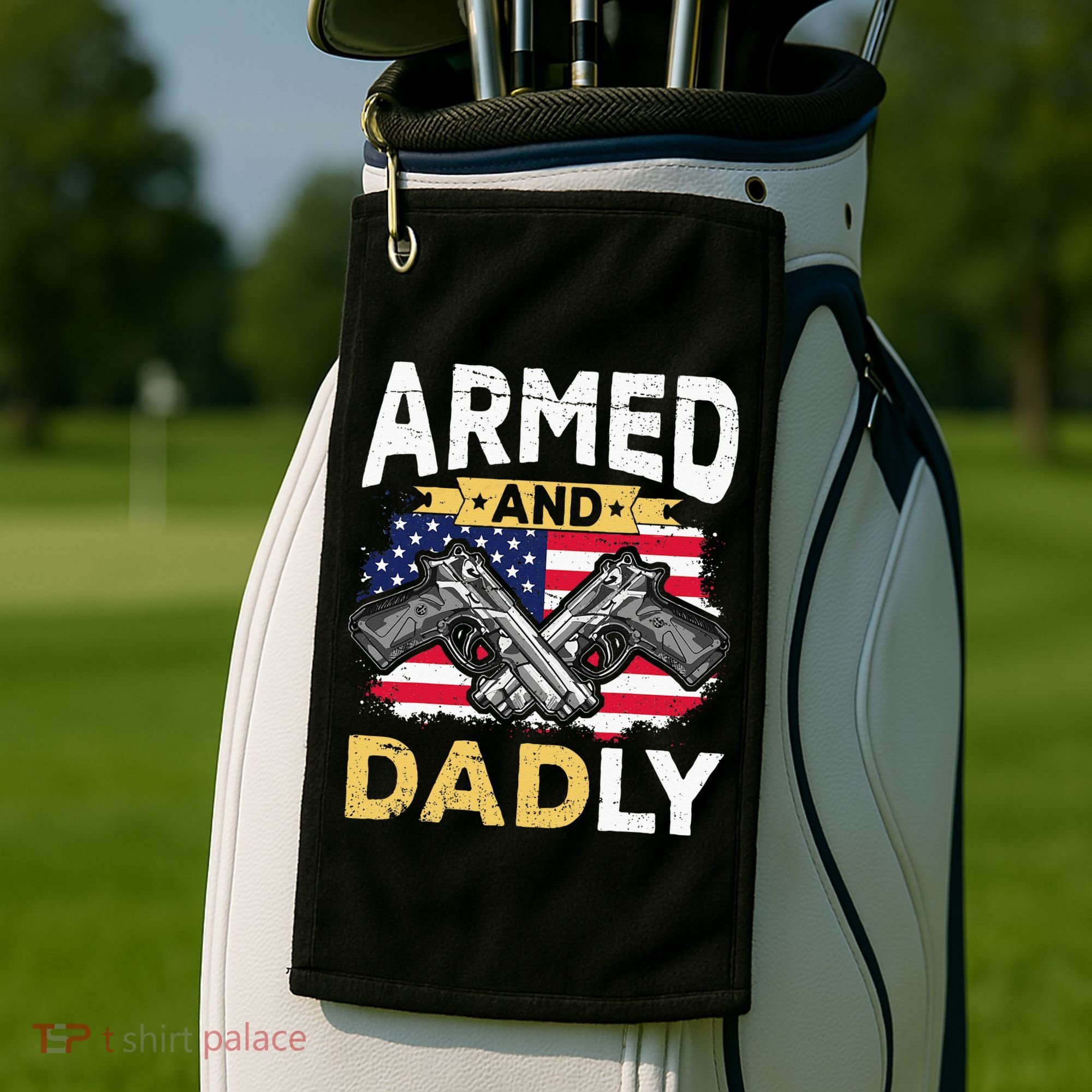 Armed And Dadly Funny Deadly Father USA flag Fathers Day Golf Towel
