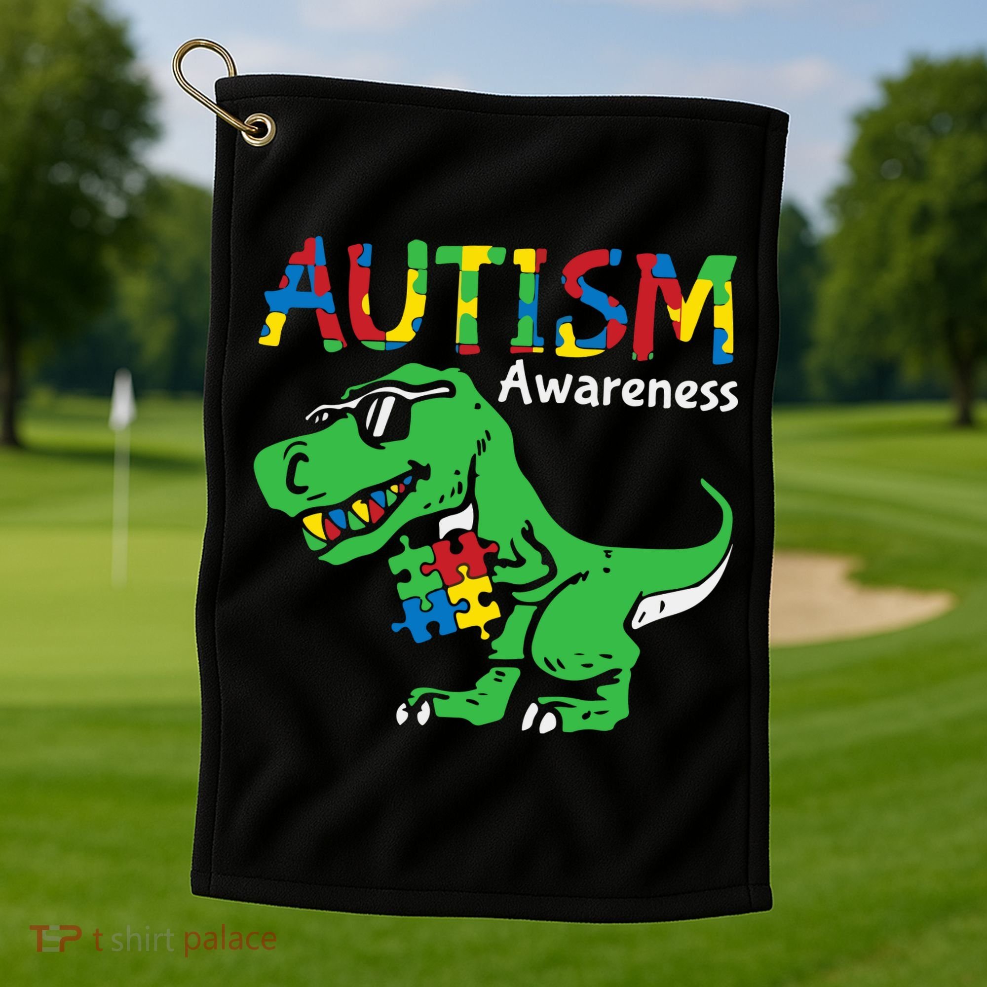 Autism Awareness Dinosaur Autism Heart Puzzle Golf Towel