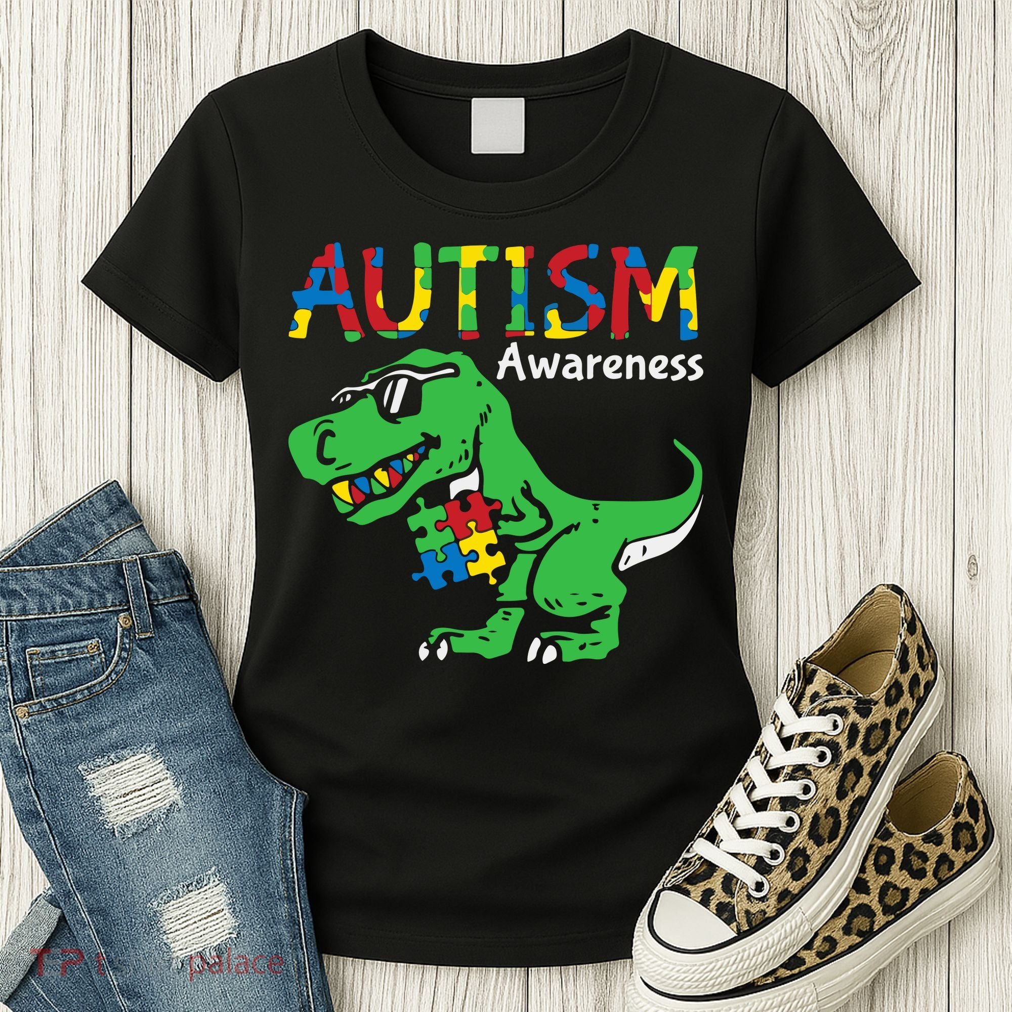 Autism Awareness Dinosaur Autism Heart Puzzle Women's T-Shirt