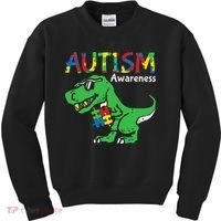 Autism Awareness Dinosaur Autism Heart Puzzle Kids Sweatshirt thumb 0
