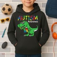 Autism Awareness Dinosaur Autism Heart Puzzle Kids Hoodie thumb 2
