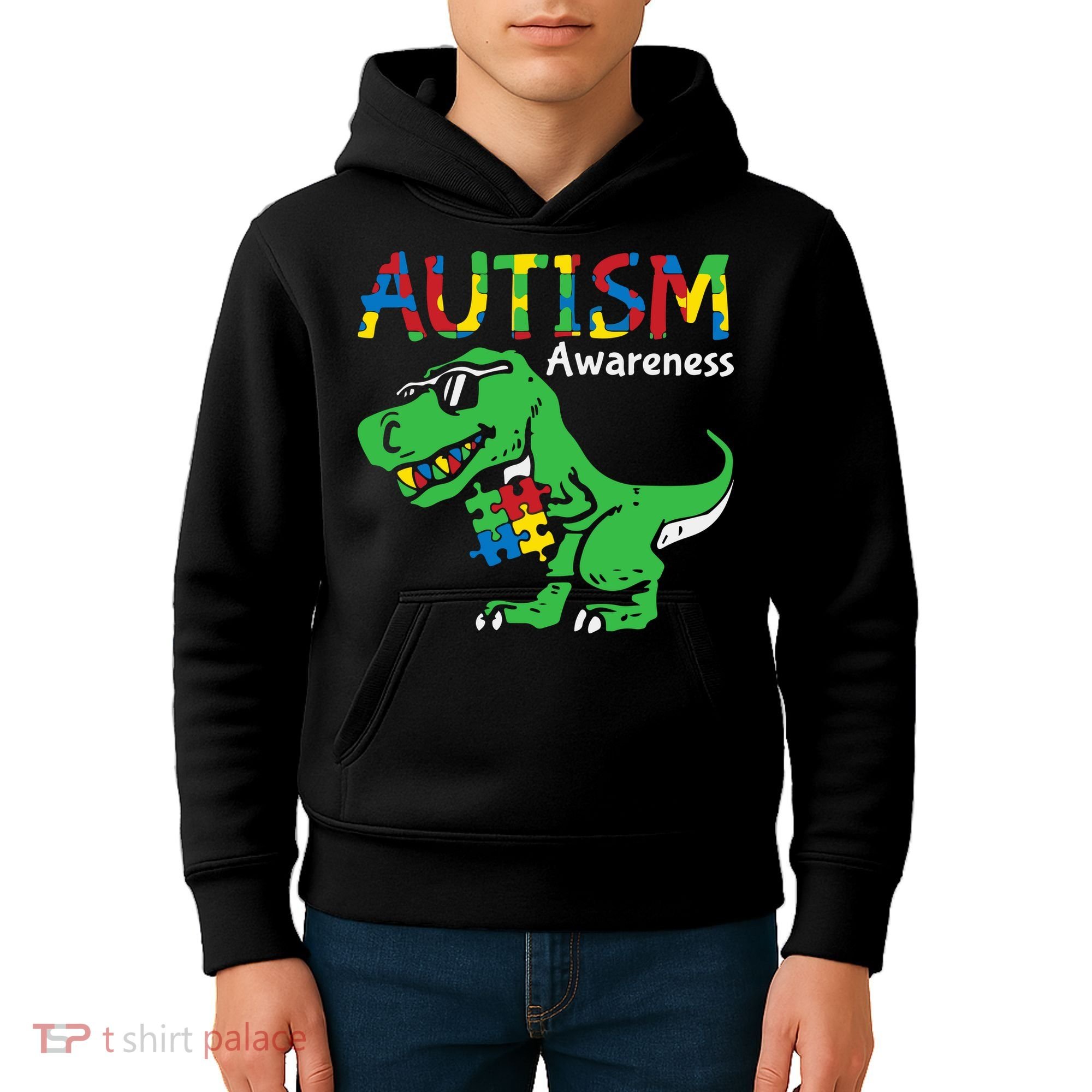 Autism Awareness Dinosaur Autism Heart Puzzle Kids Hoodie