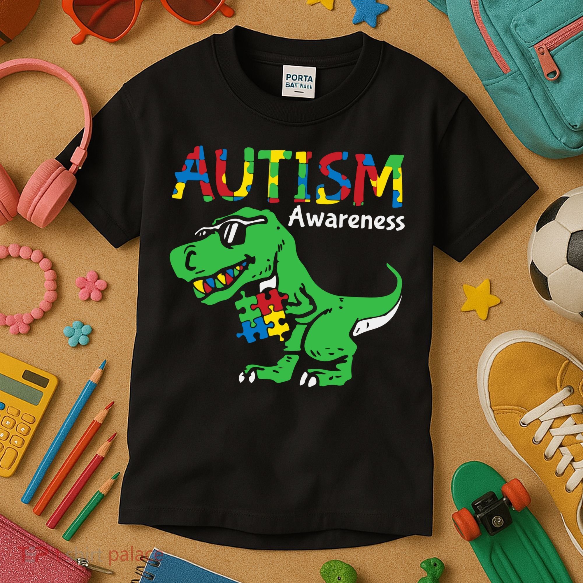 Autism Awareness Dinosaur Autism Heart Puzzle Kids T-Shirt