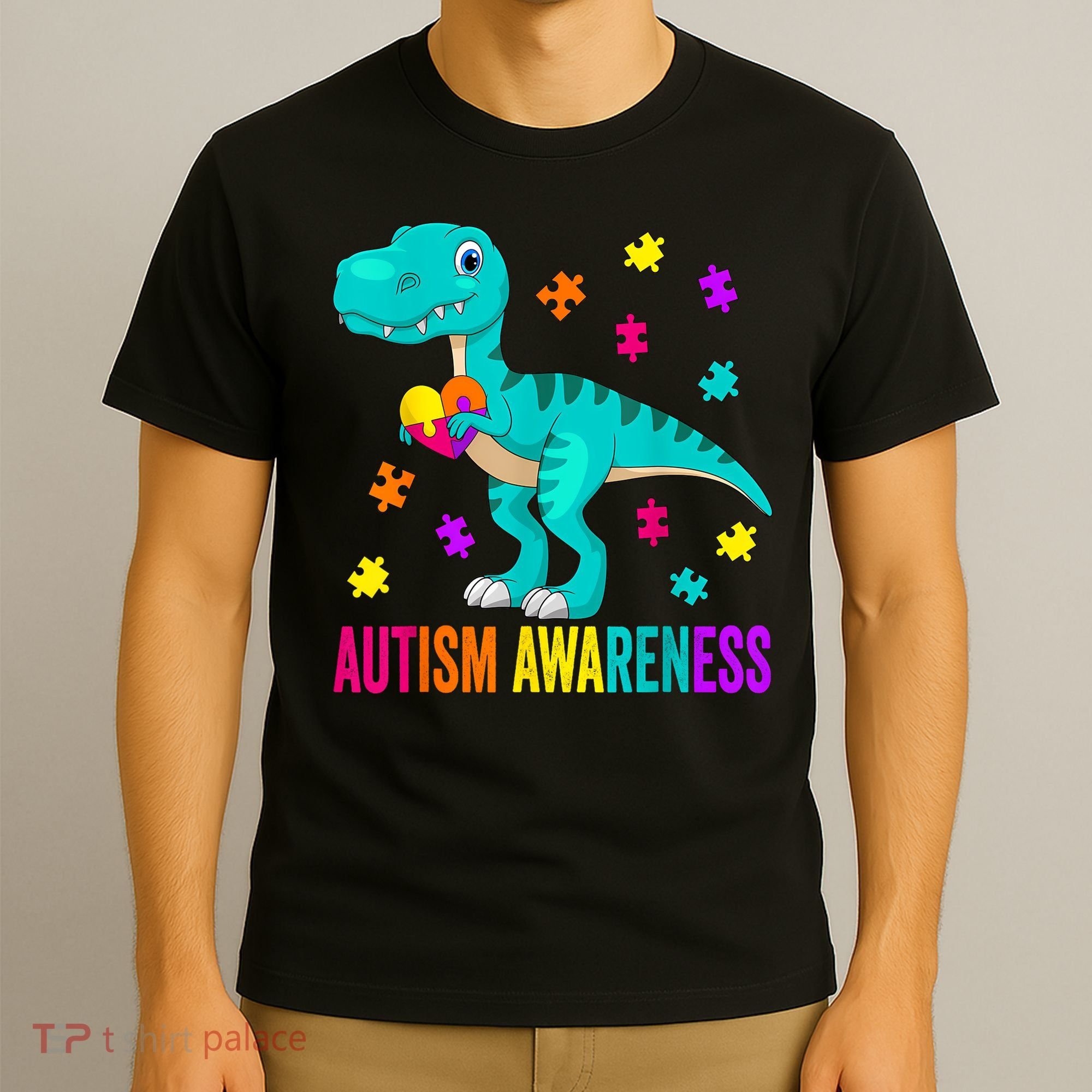 Autism Awareness Dinosaur Colorful Autism Puzzle Pieces T-Shirt