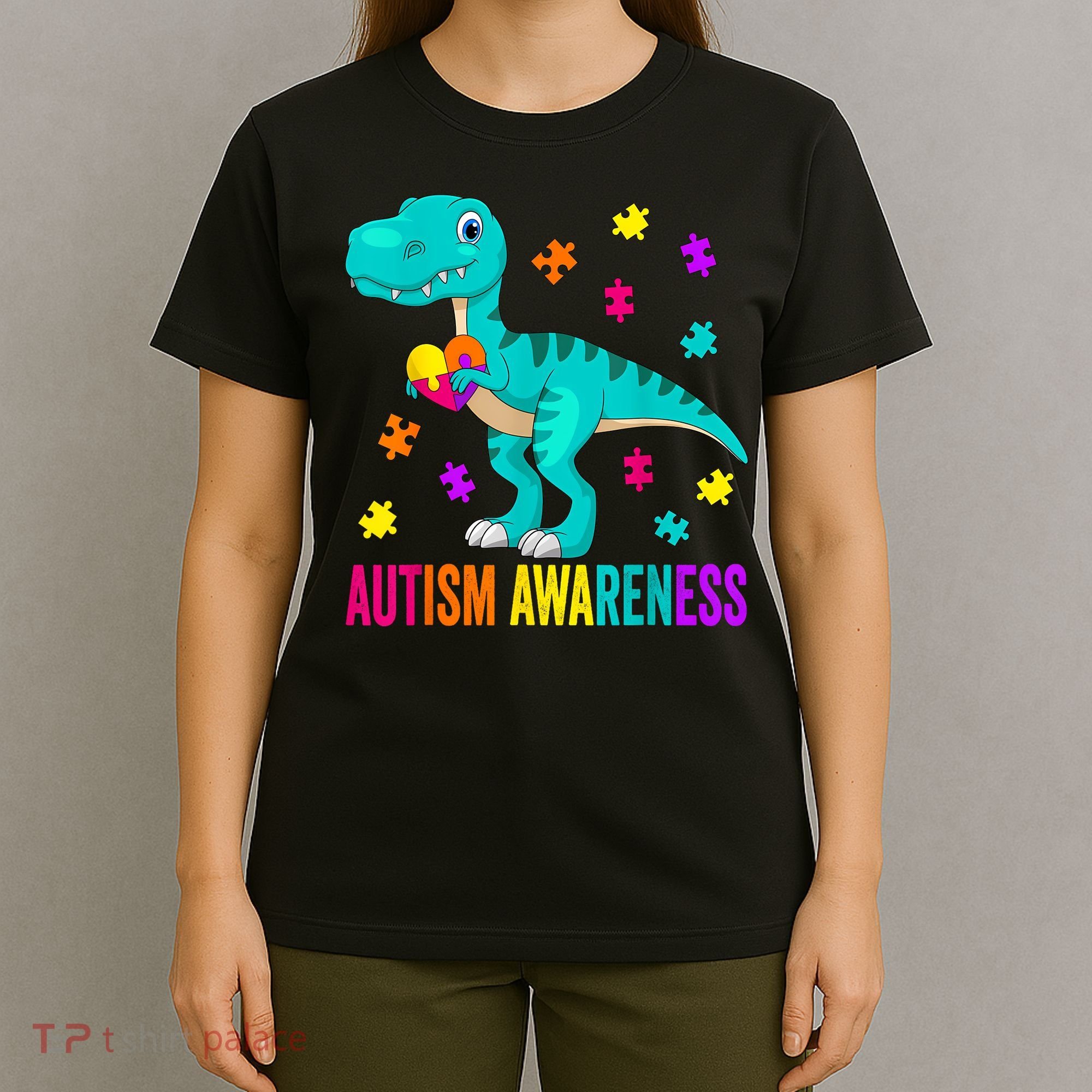 Autism Awareness Dinosaur Colorful Autism Puzzle Pieces T-Shirt