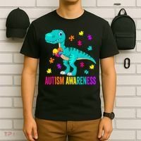Autism Awareness Dinosaur Colorful Autism Puzzle Pieces T-Shirt thumb 6