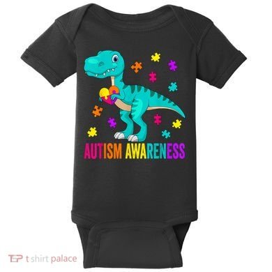 Autism Awareness Dinosaur Colorful Autism Puzzle Pieces Baby Bodysuit