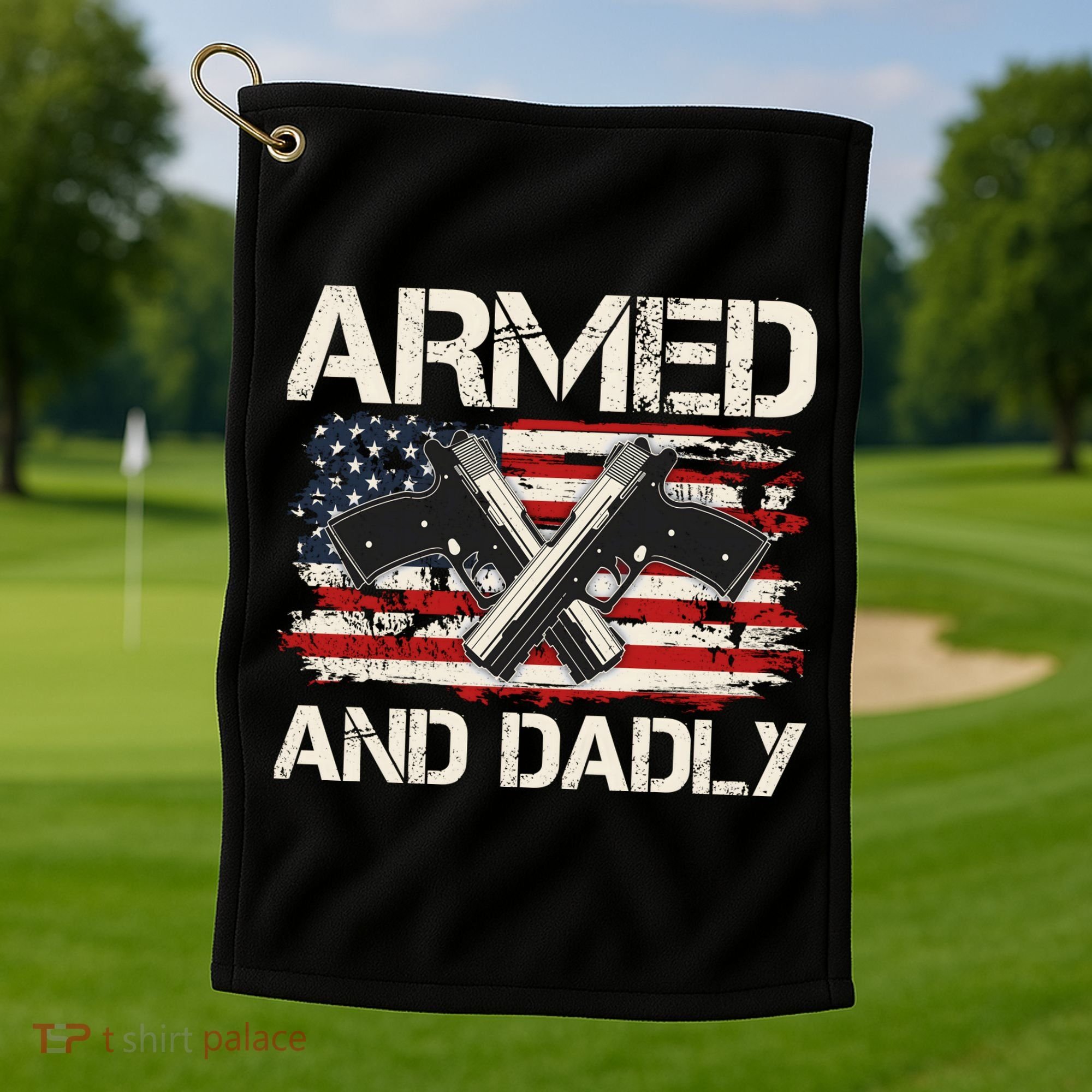 Armed And Dadly Armed And Deadly Daddy Dad Distressed USA American Flag Golf Towel